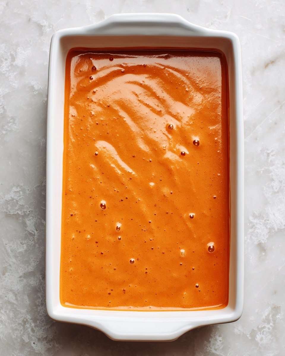 A rectangular white dish filled with a thick, smooth, and creamy orange mixture spread evenly to the edges with tiny bubbles and slight swirls visible on the surface. The dish is placed on a white marbled textured surface. Photo taken with an iphone --ar 4:5 --v 7