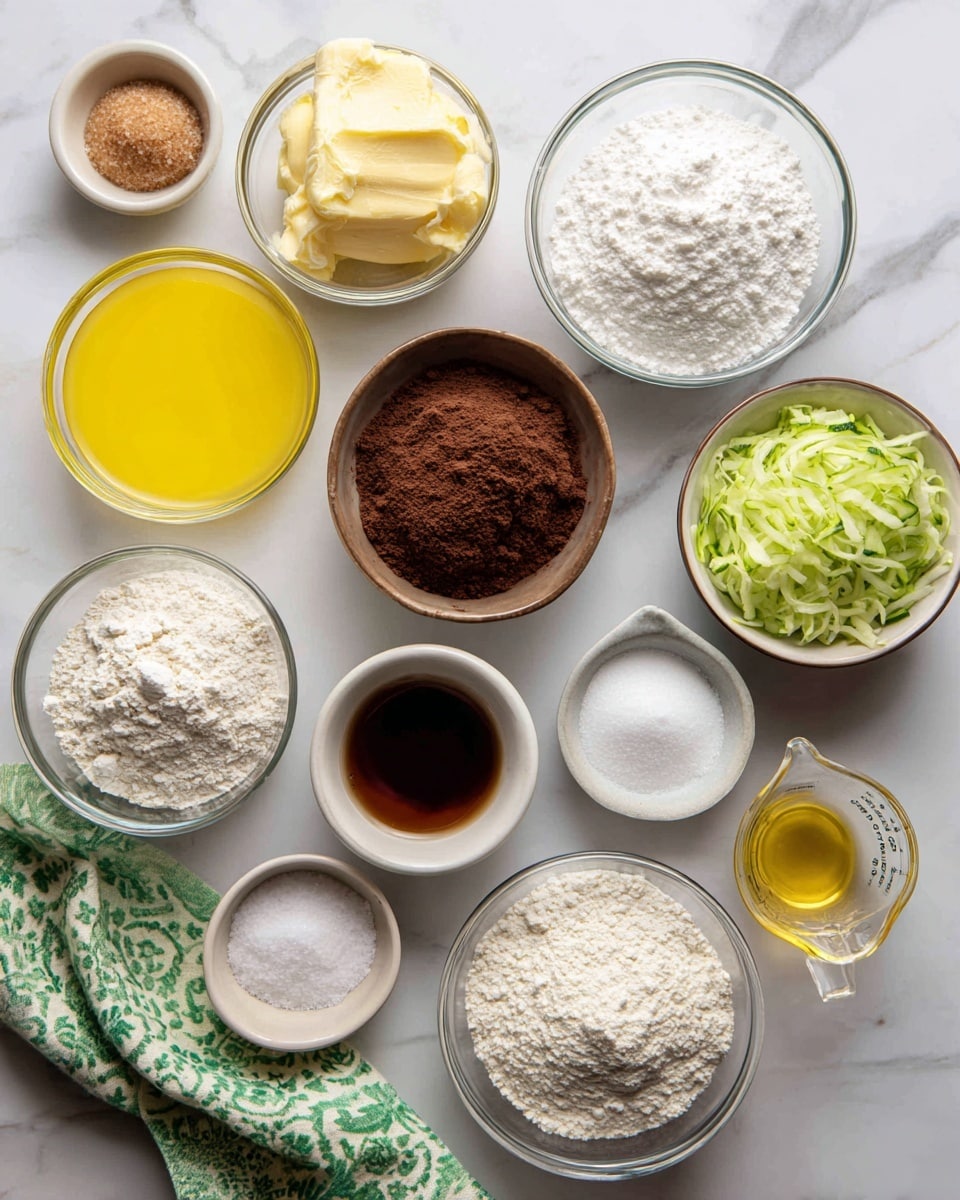 A top view shows a collection of clear glass bowls on a white marbled surface, each filled with a different baking ingredient. There are twelve bowls arranged in a loose circle: one with bright yellow melted butter, one with white heavy cream, one with brown sugar clumps, one with fine white powdered sugar, one with dark brown cocoa powder, one with pale yellow vanilla extract, one with shredded green zucchini, one with white flour, one with light golden oil in a small measuring cup, one with white granulated sugar, one with a small bowl of salt, and one with baking soda powder. A green and white patterned cloth is placed next to the flour bowl. Each bowl’s texture and color contrasts clearly against the smooth white marbled surface. photo taken with an iphone --ar 4:5 --v 7