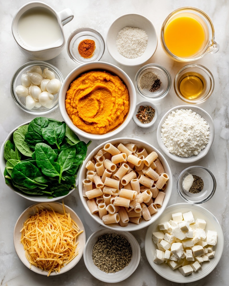 A top-down view of various ingredients arranged neatly on a white marbled surface, each in small white bowls and clear measuring cups. There is a bowl filled with beige rigatoni pasta pieces near the center. Surrounding it are a bowl of bright orange smooth pumpkin puree, a bowl of fresh green spinach leaves with visible veins, a bowl of minced garlic, a bowl of diced shallots, a bowl of white ricotta cheese with a soft texture, and a bowl of shredded mozzarella cheese. Also present are a bowl of beaten yellow eggs, a small plate with mixed spices of black pepper, salt, dried oregano, red flakes, and ground nutmeg, a bowl of grated Parmesan cheese, a clear measuring cup with creamy white milk, and another clear measuring cup filled with golden broth. Photo taken with an iphone --ar 4:5 --v 7