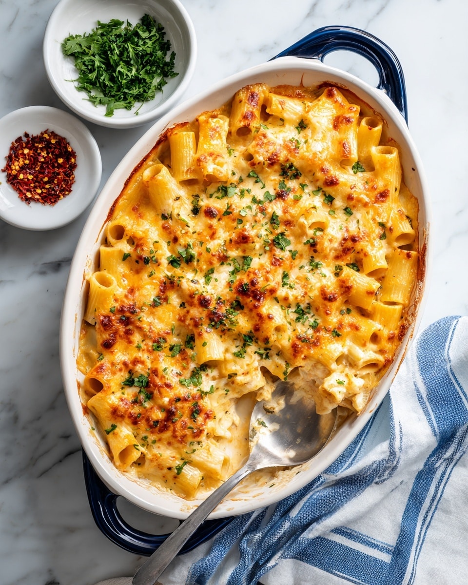 The image shows a white round plate with a creamy baked pasta on the left side, featuring rigatoni pasta coated in a light orange sauce with melted cheese on top and sprinkled with green herbs. On the right side of the plate is a fresh salad made of bright green lettuce leaves, sliced red tomatoes, cucumber pieces, and thin rings of purple onion. A silver fork rests at the bottom of the plate, partially under the pasta. The plate sits on a soft beige cloth and a white marbled surface. In the upper part of the image, part of another similar plate is visible, showing the same pasta and salad. Photo taken with an iphone --ar 4:5 --v 7