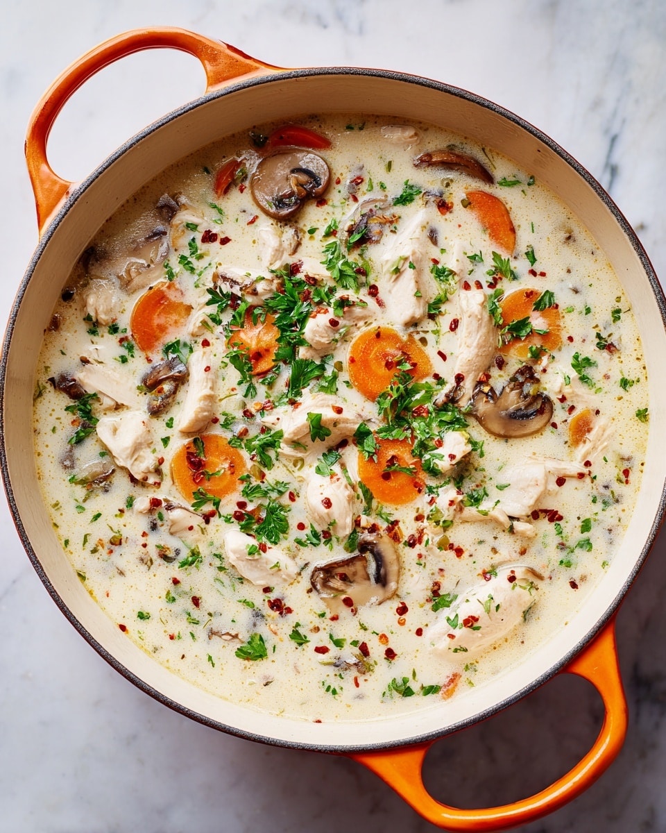 The image shows a close-up of a creamy soup with a thick, smooth texture filled with small pieces of light orange carrots, light green celery, white mushrooms, and thin dark wild rice strands. A white spoon is scooping up the soup, showing the soup's light beige base with a mix of soft chunks of vegetables and rice. The scene is set on a white marbled surface. photo taken with an iphone --ar 4:5 --v 7