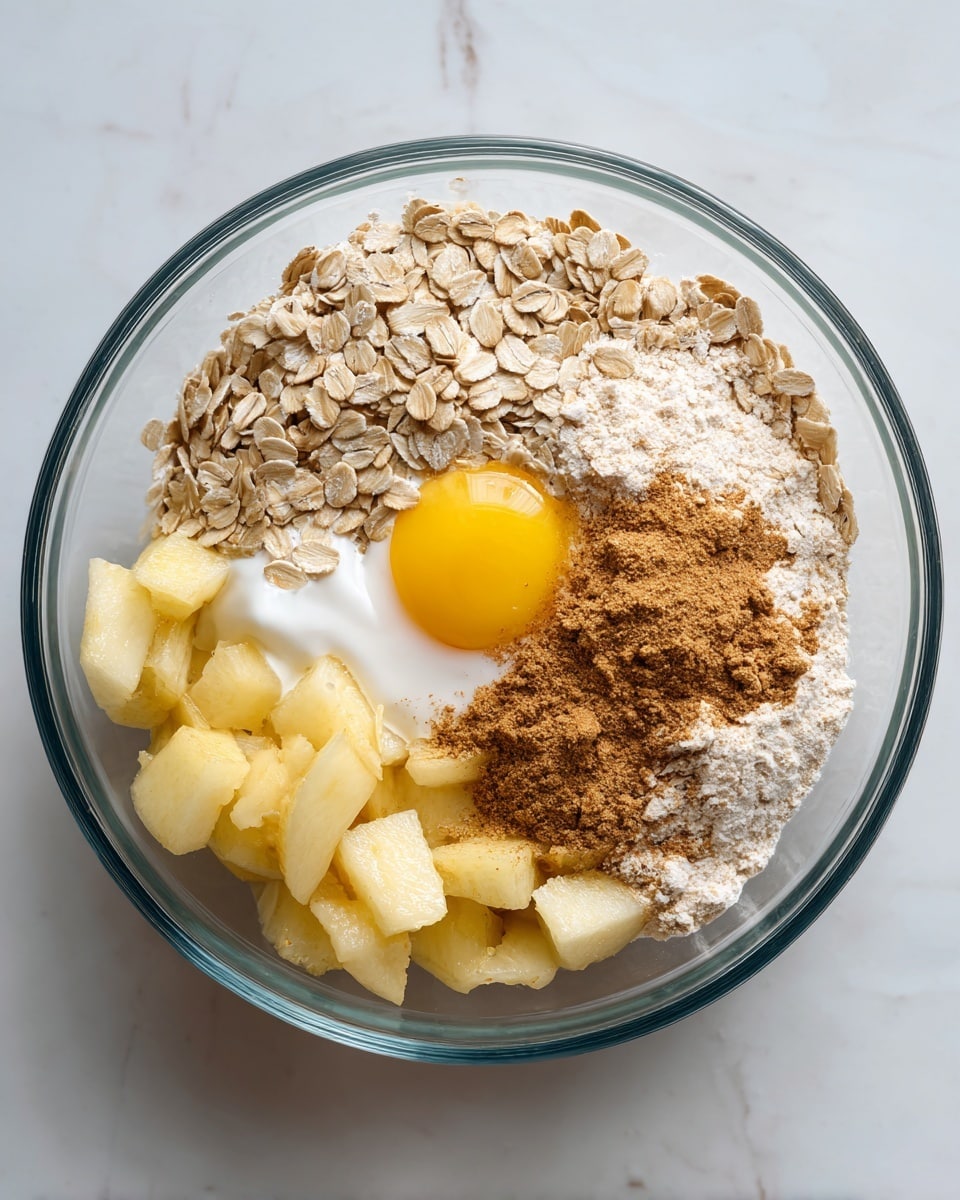A clear glass bowl sits on a white marbled surface filled with several layers of ingredients. The bottom layer has chopped pale yellow and white pieces of fruit. On one side there is a cracked raw egg with a bright yellow yolk partly covered by a thick white creamy layer. The bowl is sprinkled with light brown cinnamon powder and topped with a large heap of dry pale beige rolled oats. The bowl is viewed from above, showing the mix of textures and colors in a simple, fresh arrangement photo taken with an iphone --ar 4:5 --v 7