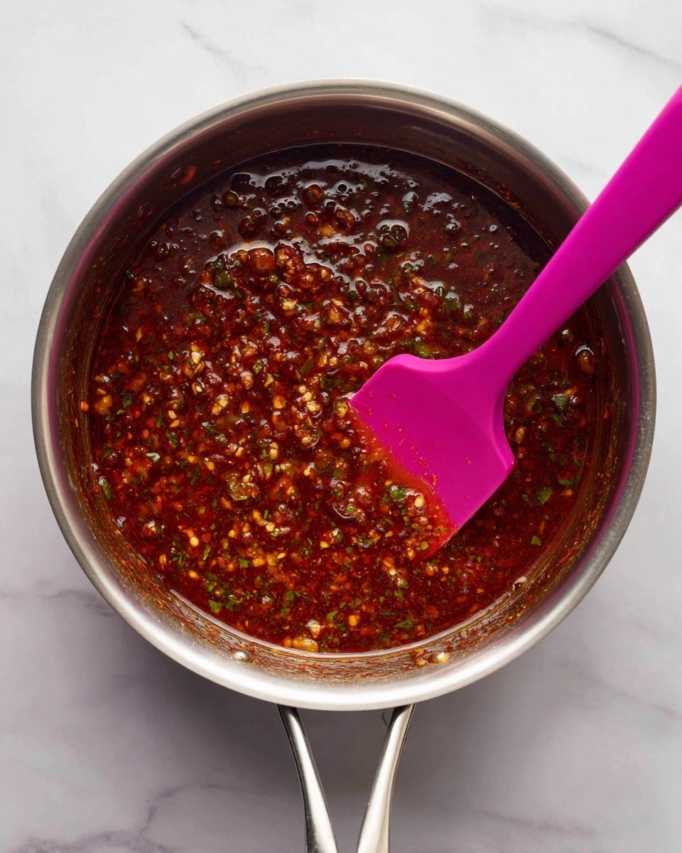 In a shiny silver pot, a dark red sauce with visible herb bits simmers, showing a thick texture with small bubbles and oil on the surface. A bright pink silicone spatula rests inside the pot, partially submerged in the sauce, creating a small area where the sauce is pushed aside to reveal the pot’s metal bottom. The pot is placed on a white marbled surface, giving a clean and bright look to the background. photo taken with an iphone --ar 4:5 --v 7