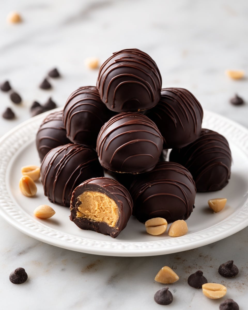 A white decorative plate filled with about fifteen round chocolate truffles stacked in a small mound. Each truffle is coated in smooth dark chocolate with fine thin drizzles of chocolate in a slightly lighter shade on top, giving texture and shine. The truffles have a rich, glossy finish and are uniform in size. Around the plate are a few scattered chocolate chips and peanut pieces on a white marbled textured surface, with one truffle cut in half showing a golden brown peanut filling inside. Photo taken with an iphone --ar 4:5 --v 7
