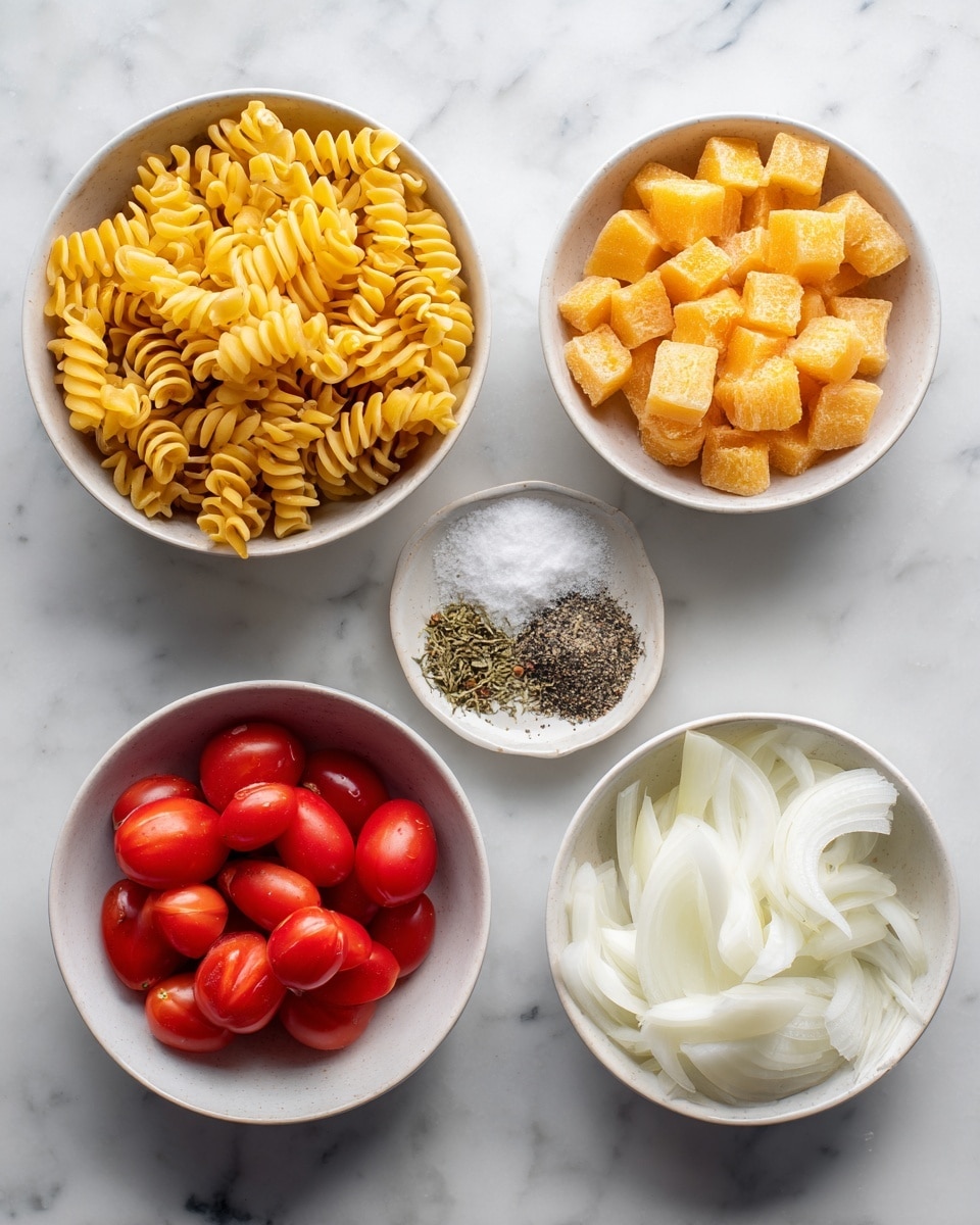Top view of five white bowls placed on a white marbled surface. The top left bowl is filled with bright yellow spiral pasta, showing a textured and tight coil pattern; top right bowl contains small orange frozen cubes with a frosty texture. Center bowl holds three piles of seasoning: coarse white salt, ground black pepper, and dried green herbs. Bottom left bowl is filled with quartered red cherry tomatoes, smooth and juicy in appearance. Bottom right bowl contains thinly sliced white onions with a slightly translucent look. Photo taken with an iphone --ar 4:5 --v 7