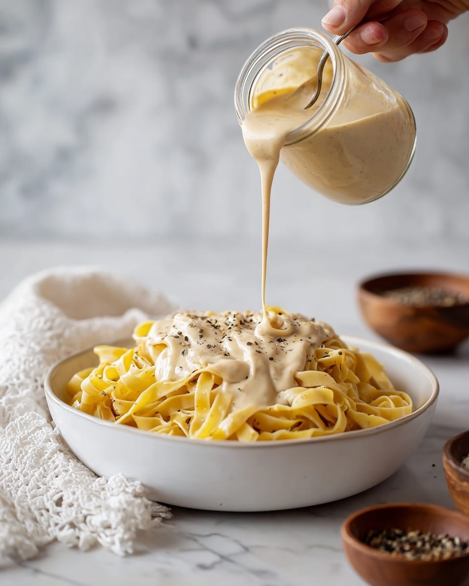 A white bowl filled with a bed of yellow fettuccine pasta forms the base layer, with creamy, light beige sauce being poured thickly over the pasta from a glass jar held by a woman's hand above. The pasta strands look soft and slightly glossy. The background has a white marbled texture, and there are small brown bowls filled with black pepper and seasoning blurred in the background. A white lace cloth is partially visible on the left side of the image. Photo taken with an iphone --ar 4:5 --v 7