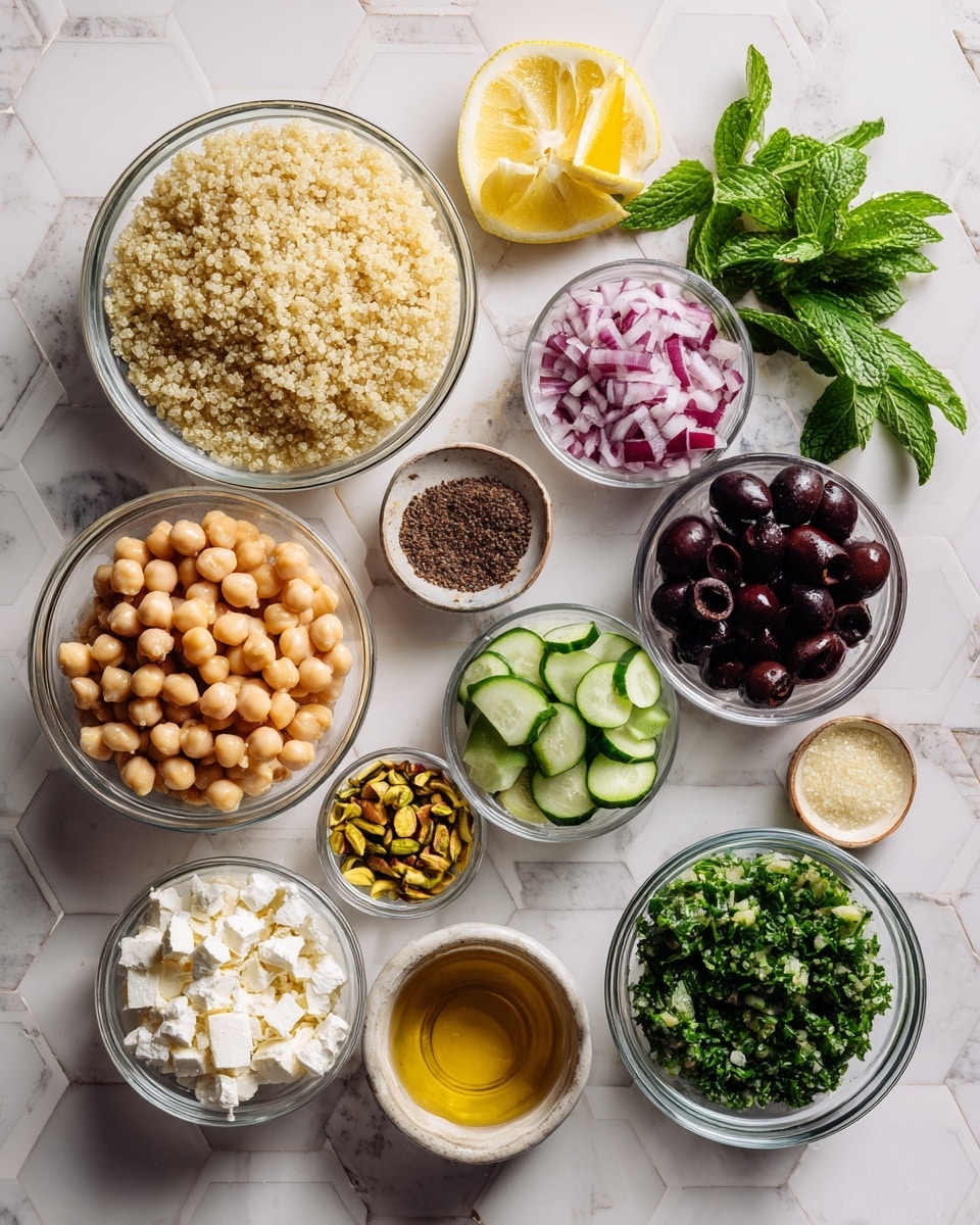 The image shows several clear glass bowls arranged on a white marbled hexagon tiled surface. Each bowl contains a different ingredient: a large bowl with cooked quinoa, a medium bowl with chickpeas, another with chopped red onion, one with chopped cucumber pieces, and a bowl with black kalamata olives sliced into rings. There are smaller bowls holding crumbled white feta cheese, green pistachios, mixed green parsley and dill, golden raisins, and a small amount of black pepper and salt. Next to the bowls, there are two lemon halves, bright green fresh mint leaves, a bowl of golden olive oil, and a small bowl of amber honey. The bowls are neatly spaced out and labeled above or inside each bowl. photo taken with an iphone --ar 4:5 --v 7