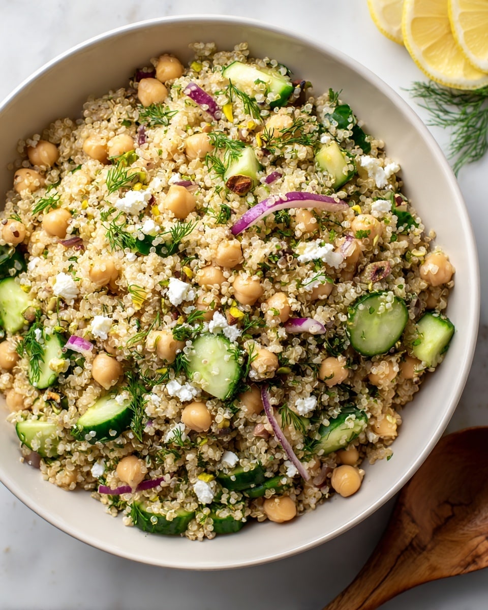 A close-up view of a white bowl filled with a colorful quinoa salad, showing about six layers of ingredients mixed together. The base layer is light beige quinoa with a grainy, soft texture. Mixed evenly are small, round, pale beige chickpeas scattered throughout. Bright green cucumber chunks with a smooth, fresh look are mixed in along with small pieces of purple onion adding a sharp color contrast. Sprinkled on top are white crumbles of cheese with a soft, slightly fluffy texture. Green herbs, likely dill, are spread throughout, adding small feathery green touches. Small brown pistachio nuts and golden raisins are also visible, adding pops of color and rough texture. The bowl sits on a white marbled surface, and part of a wooden spoon and lemon wedges are seen at the edge of the frame. photo taken with an iphone --ar 4:5 --v 7