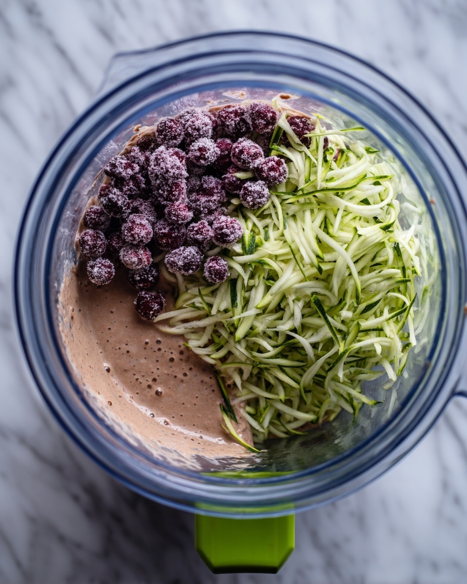 This image shows a close-up top view inside a blender jar with three main layers. The bottom layer is light brown and creamy, filling most of the space. On the left side, there is a pile of small, dark purple frozen berries, with a slightly frosty texture. On the right side, there is a heap of thin, light green shredded vegetable strips, likely zucchini, showing some darker green edges. A green spatula is placed near the bottom center, partly covered by the shredded vegetable strips. The background is a white marbled surface. Photo taken with an iphone --ar 4:5 --v 7