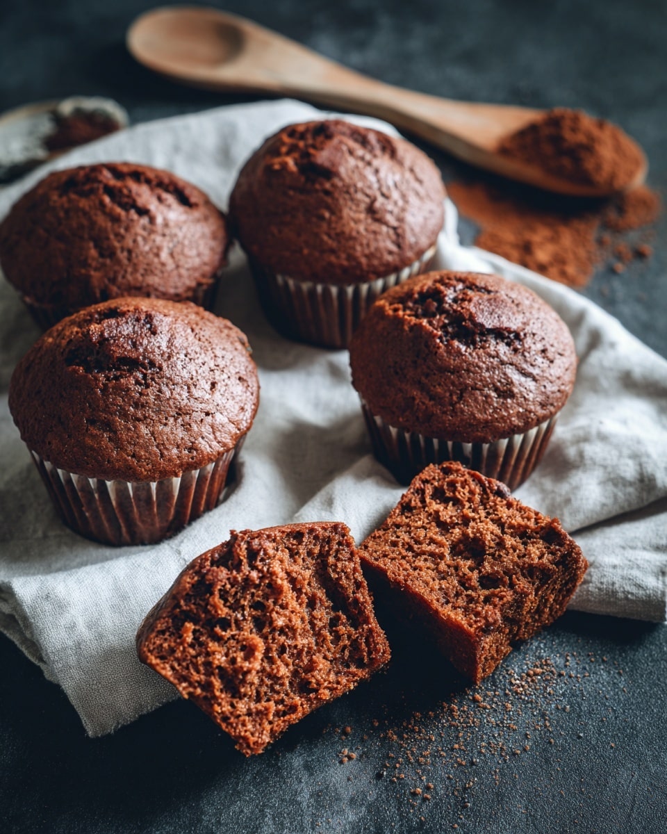 The image shows six brown muffins with a cracked top texture, placed on a white cloth over a dark surface. Five muffins are whole, with a slightly rough and cracked top, and one muffin is split open in two, showing a moist, dense interior with visible small holes and soft crumb texture. A wooden spoon with brown powder rests at the top left, adding a rustic touch. The overall setup is simple, with warm brown tones from the muffins contrasting with the white cloth and dark background, highlighting the muffins' texture and color. photo taken with an iphone --ar 4:5 --v 7