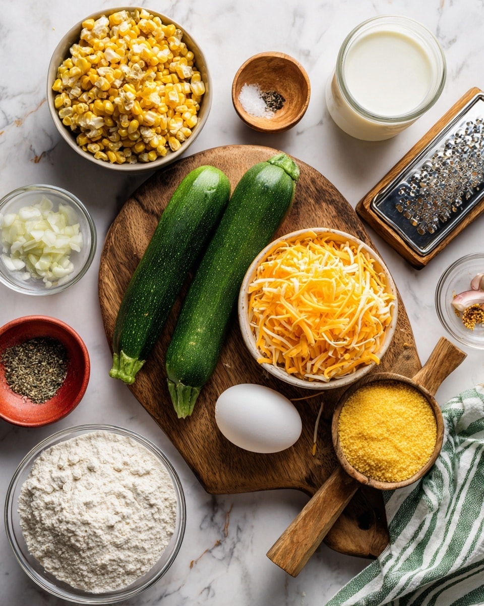 A wooden board sits on a white marbled surface with fresh corn kernels scattered on the left, a whole green zucchini placed horizontally above the corn, and a single white egg positioned to the right of the corn. Nearby is a white ceramic bowl filled with shredded orange cheddar cheese. To the right of the board is a metal cheese grater with a wooden top and base. Around the board on the white marbled surface are several small bowls: a red bowl with minced garlic, a small wooden bowl containing salt and pepper, a white bowl with finely chopped onions, a clear glass bowl with white flour, another clear glass bowl with yellow cornmeal, and a glass cup holding white milk. A folded green cloth with white stripes lies partially behind the wooden board. Photo taken with an iphone --ar 4:5 --v 7