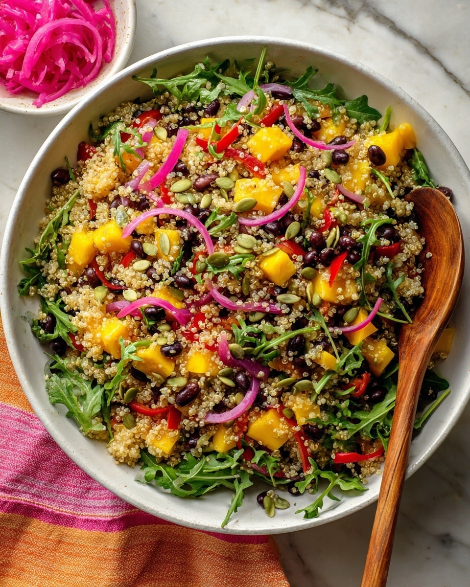 A large white bowl filled with a mixed salad made of four visible layers: a base of small cooked quinoa grains in light beige, scattered with bright red diced bell peppers and yellow mango chunks, black beans, and green arugula leaves spread on top and throughout. Thin slices of purple pickled onions and some green pumpkin seeds are sprinkled on the surface, adding texture and contrast. A wooden spoon rests inside the bowl, partially immersed in the salad. The bowl sits on a white marbled surface with a pink and orange striped cloth partially under the bowl, and a small white bowl of pink pickled onions placed nearby. Photo taken with an iphone --ar 4:5 --v 7