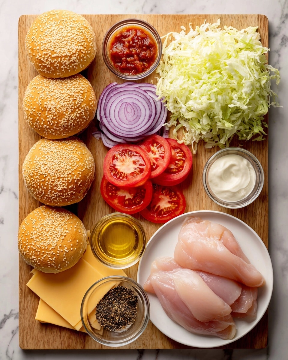 The image shows all the ingredients for making chicken sandwiches arranged neatly on a wooden board over a white marbled surface. On the left side, there are four sesame-topped brioche buns that are golden brown and round. Below the buns are pale yellow slices of sharp cheddar cheese, next to neatly sliced red tomato rounds and light purple rings of red onion. To the right of these are two small clear bowls, one filled with reddish salsa and the other with creamy white mayonnaise. Above the bowls is a pile of shredded light green iceberg lettuce. On the bottom right corner of the board is a white plate holding three raw pale pink chicken breasts. At the bottom left corner, there is a small bowl of blackening spice with various ground seasonings and another small bowl of light yellow oil beside it. The composition is bright and clear, showing each ingredient distinctly. Photo taken with an iphone --ar 4:5 --v 7