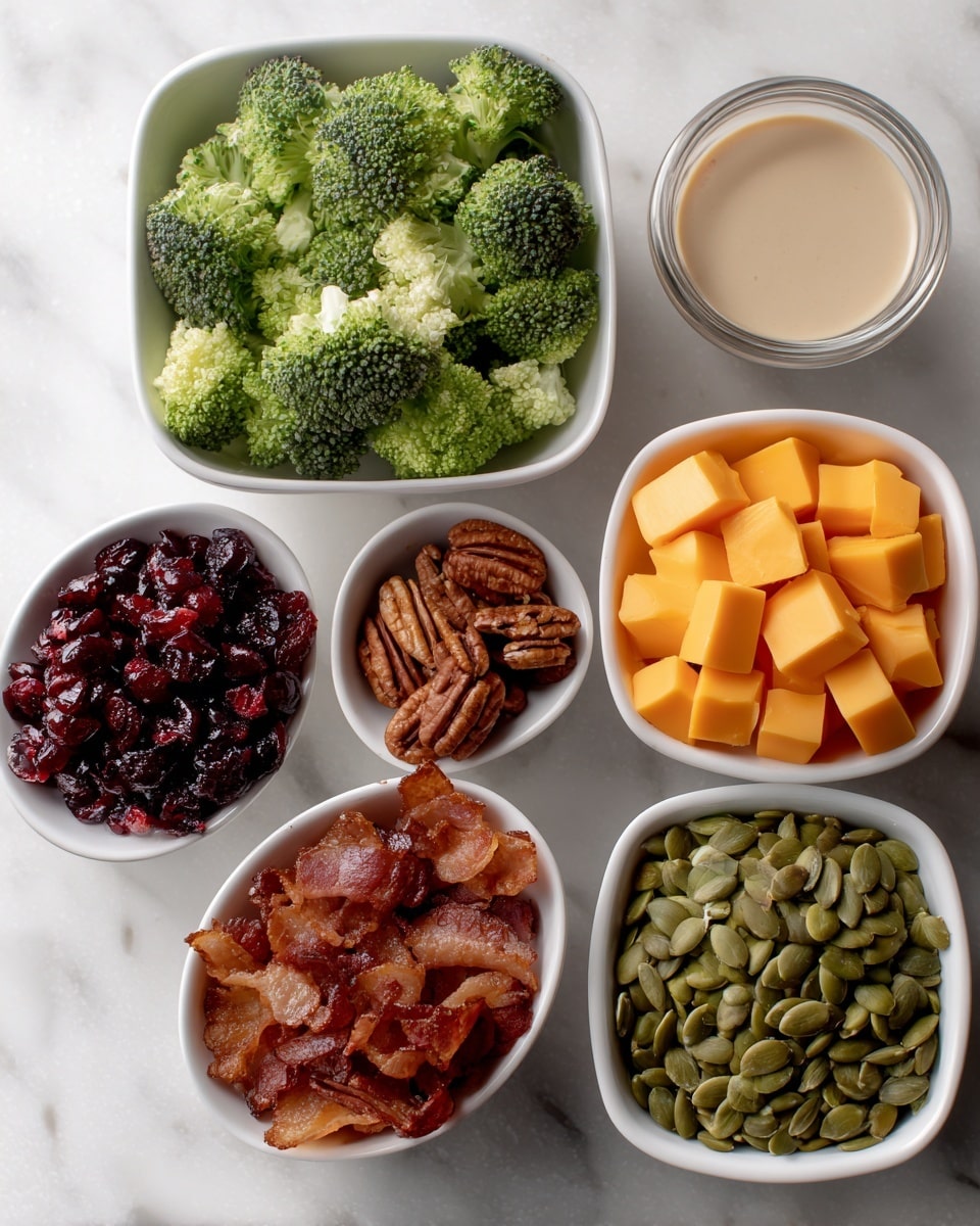 The image shows six white square and round bowls on a white marbled surface, each filled with different ingredients. The largest square bowl at the top left is full of small, light and dark green chopped broccoli pieces with a textured, uneven look. To its right, a white round bowl holds bright orange cheddar cheese cubes with smooth surfaces. Below, a white square bowl contains shiny dark red cranberries with a wrinkled, dry texture. Next to the cranberries, another white square bowl has brown candied pecans that look sticky with a rough surface. Below on the left, a white round bowl is filled with crispy chopped bacon strips in reddish-brown color with rough edges. Finally, to the right is a white square bowl filled with smooth, matte light green pumpkin seeds. A small glass bowl with beige dressing is partly visible. photo taken with an iphone --ar 4:5 --v 7