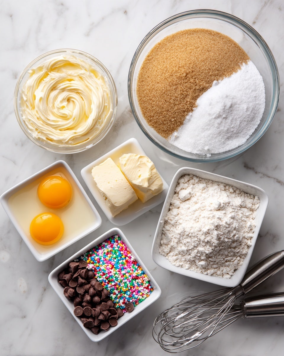 A clear glass bowl holds three different powders side by side: light brown sugar on the left, white sugar on the top right, and powdered white sugar on the bottom right. Around the bowl are white square dishes placed on a white marbled surface; at the top left is a dish with a swirl of pale yellow butter, below the bowl is a dish with two raw eggs showing bright yellow yolks in clear whites, to the bottom right is a large white square dish filled with flour, and in the bottom center is a dish divided with dark brown chocolate chips on one side and colorful sprinkle candy on the other. Two metal mixer beaters lie next to the butter dish. Photo taken with an iphone --ar 4:5 --v 7