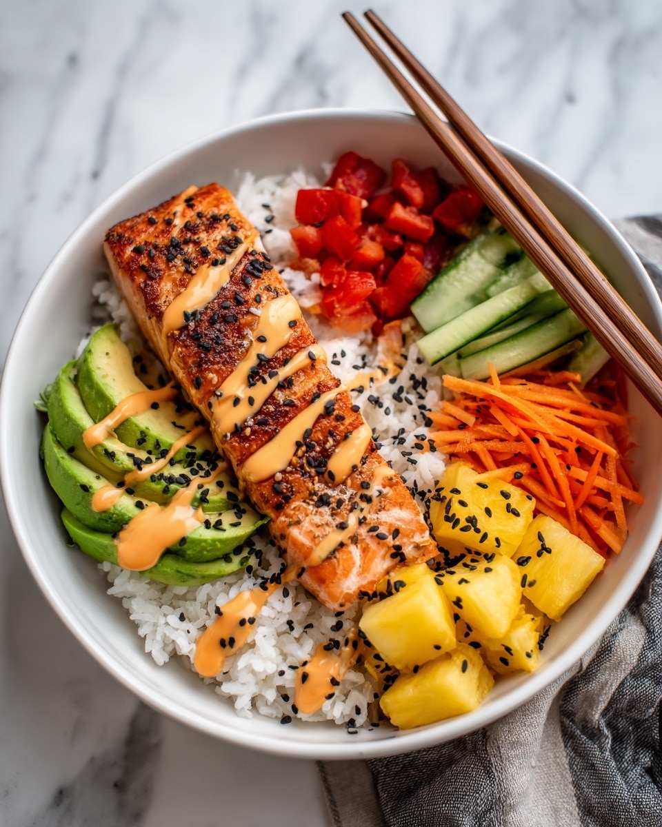 A white bowl sits on a white marbled surface filled with neatly arranged layers: at the bottom, there is white rice sprinkled with black sesame seeds; on top, from left to right, there is a large piece of grilled salmon with a browned, slightly peppered surface and drizzled with light orange sauce, next to it are green avocado slices also drizzled with the same sauce, followed by a small pile of diced red tomatoes. On the right side, there are sticks of light green cucumber, a mound of bright orange shredded carrots, and yellow pineapple chunks sprinkled with black sesame seeds, each topped with thin stripes of the orange sauce. In the foreground are wooden chopsticks resting on the bowl's edge. Photo taken with an iphone --ar 4:5 --v 7