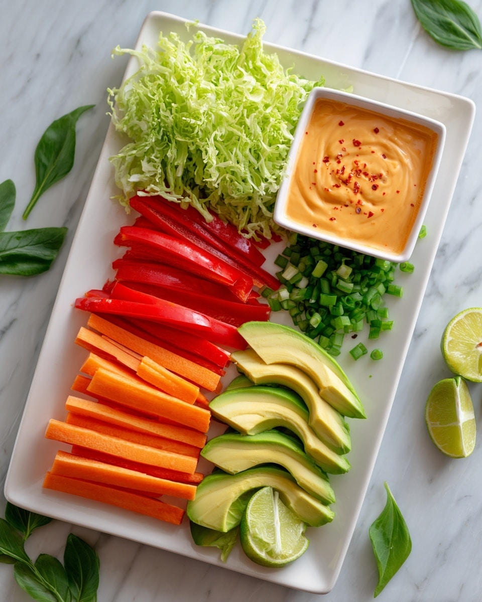 A white rectangular plate holds five sections of fresh ingredients arranged in neat rows. The top left section has shredded bright green lettuce with a leafy texture. Below it, thin slices of red bell pepper create a vibrant red layer, next to bright orange carrot sticks lined up vertically. On the bottom right, delicate avocado slices are fanned out, showing their smooth, light green flesh with darker green edges. Small pieces of chopped green onion sit beside wedges of fresh lime. To the right of the plate, a small white square bowl contains thick, creamy orange bang bang sauce with a few red specks. The setup rests on a white marbled surface with scattered green leaves around for decoration. Photo taken with an iphone --ar 4:5 --v 7