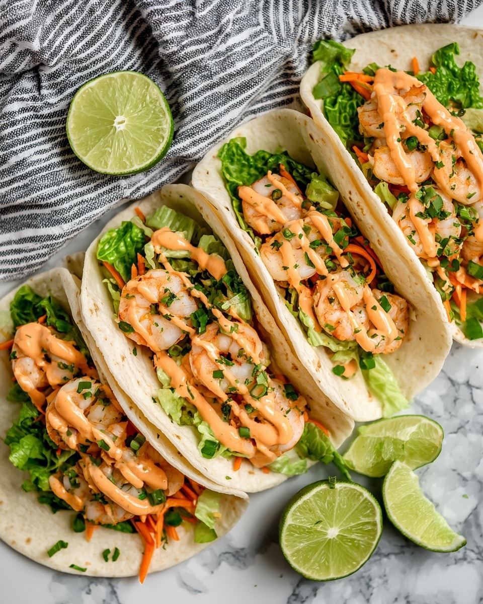A white tortilla wrap held by a woman's hand and another hand folding it around three cooked shrimp that are orange with herbs. Under the shrimp, there are fresh green avocado slices layered on red bell pepper strips and thin green lettuce. The dish is topped with a light orange creamy sauce and chopped green onions. The background is a white marbled texture. photo taken with an iphone --ar 4:5 --v 7
