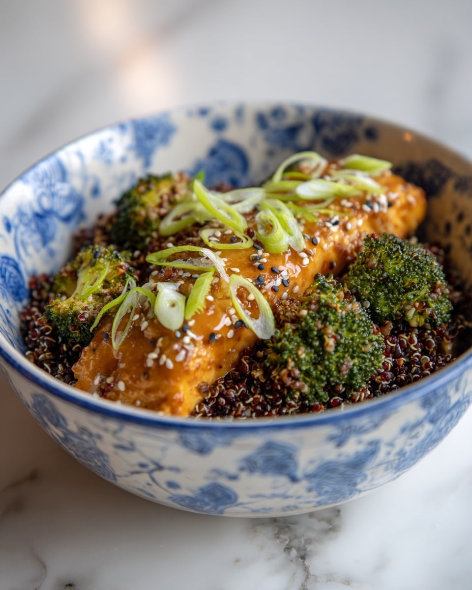 The dish shows a white bowl with a blue pattern inside, placed on a white marbled surface. Inside the bowl, there are three main layers: at the bottom, bright green broccoli florets form the base layer, above them lies a dark quinoa layer with a slightly grainy texture, and on top, a golden-brown cooked fish filet, glistening with a light orange sauce drizzled horizontally across the quinoa and fish. The fish is garnished with small white sesame seeds and thin slices of green onion. Photo taken with an iphone --ar 4:5 --v 7