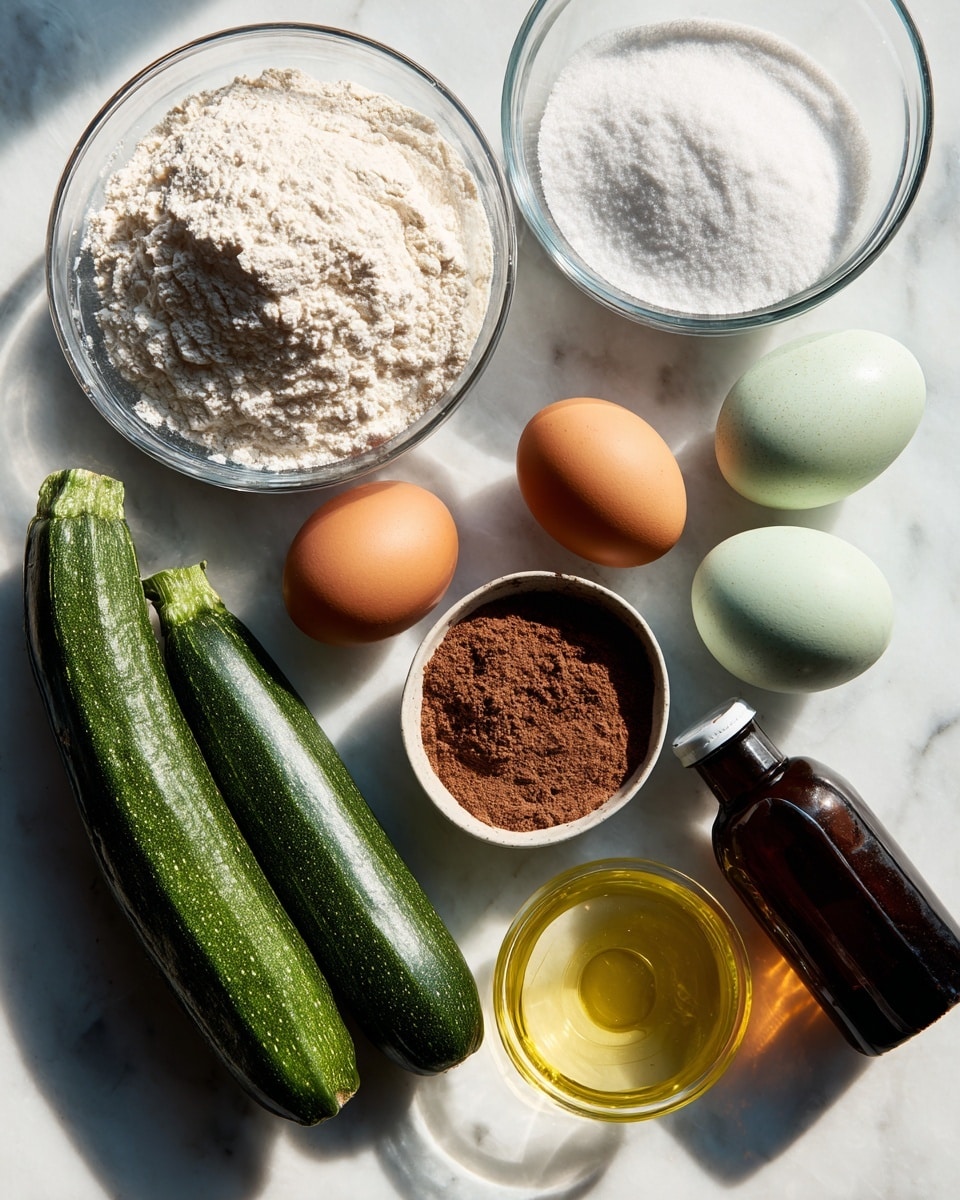 Two zucchinis, one light green and one dark green, lie side by side on a white marbled surface at the bottom left. Above them, two eggs, one brown and one pale green, sit next to each other. On the top left, a clear glass bowl full of white flour is placed, and to its right is another clear glass bowl filled with white sugar. In the center, a small white bowl contains brown cocoa powder and white baking powder. To the right, a clear glass measuring cup holds light yellow vegetable oil. At the bottom right corner, a brown bottle of organic vanilla extract rests flat on the surface. The scene is lit naturally, showing soft shadows. photo taken with an iphone --ar 4:5 --v 7