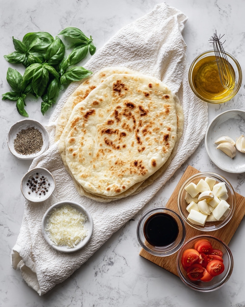 The image shows a large, flat, lightly browned naan bread placed on a white textured cloth on a white marbled surface. Next to it, on the left side, there is a bunch of fresh green basil leaves. In front, there is a small white bowl with black pepper and salt. To the right, on a small wooden board, there are five small clear glass bowls: one with white sliced cheese, one with whole peeled garlic cloves, one with golden olive oil and a small whisk, one with dark balsamic vinegar, and one with round red tomato slices. The overall setup is neat with ingredients ready for assembling. Photo taken with an iphone --ar 4:5 --v 7