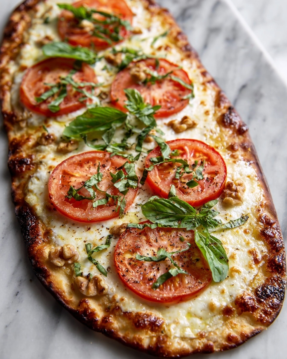 A long flatbread pizza on a white marbled surface has a golden-brown crust with some darker charred spots around the edges. The first layer is melted white cheese spread unevenly, topped with four round slices of bright red tomato placed evenly along the flatbread. Fresh chopped green basil is sprinkled over the top, adding a pop of color and texture. Some small pieces of what looks like walnuts are scattered among the tomatoes and cheese. The photo is taken close up, showing the texture and slight shine from the melted cheese and oil. photo taken with an iphone --ar 4:5 --v 7