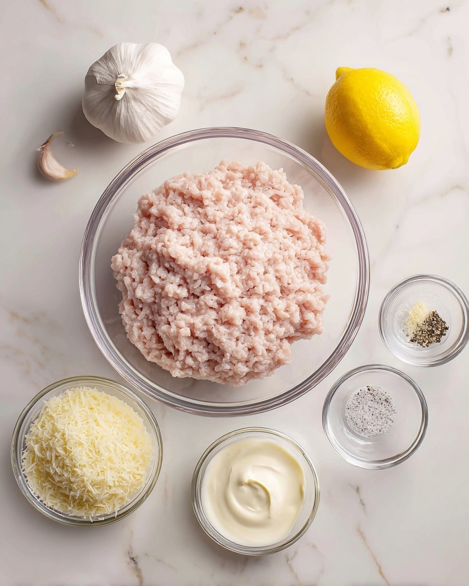 A clear glass bowl filled with two pounds of pale pink ground chicken sits in the center on a white marbled surface. Around it are six ingredients arranged neatly: a whole white garlic bulb above, a bright yellow lemon to the right, a small clear bowl containing a coarse mix of white salt and black pepper, a small clear bowl of smooth white mayonnaise, and a slightly larger clear bowl filled with finely grated pale yellow parmesan cheese. The scene is clean with natural light highlighting the textures and colors of each ingredient photo taken with an iphone --ar 4:5 --v 7