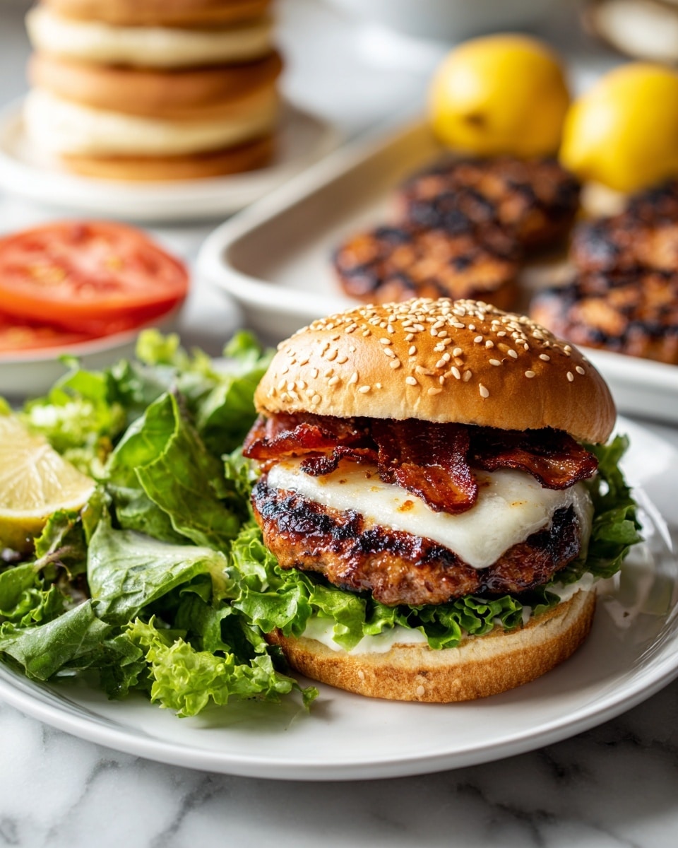 A sesame seed white bun sandwich is shown on a white plate, filled with one grilled patty at the bottom layer, a melted white cheese slice above it, crispy bacon bits on top, and fresh green lettuce peeking out underneath the top bun. Next to the sandwich, there is a mixed green salad with bright green leaves and a wedge of tomato. In the background, there are two white buns stacked and a white tray holding several grilled patties with char marks and two lemon halves placed side by side, all on a white marbled surface. Photo taken with an iphone --ar 4:5 --v 7
