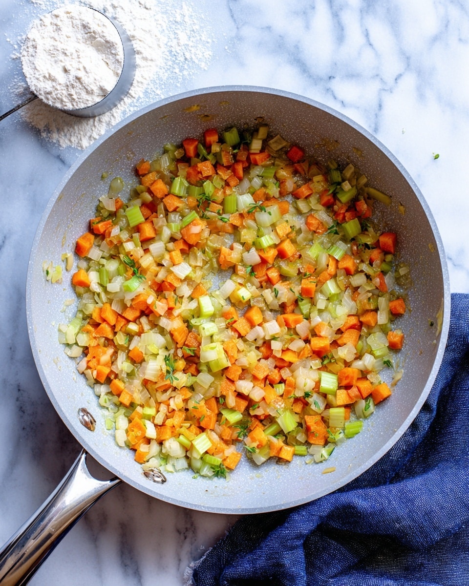 The image shows a light gray cooking pot filled with small diced vegetables lightly cooked and spread across the bottom. The vegetables include bright orange carrots, green celery pieces, and light brown onions, all mixed and slightly glossy, showing they have been sautéed. The pot sits on a white marbled surface with a white measuring scoop filled with flour in the top left corner and a dark blue cloth partially visible under the pot handle at the bottom left. The pot has a shiny metal handle on the right side. photo taken with an iphone --ar 4:5 --v 7
