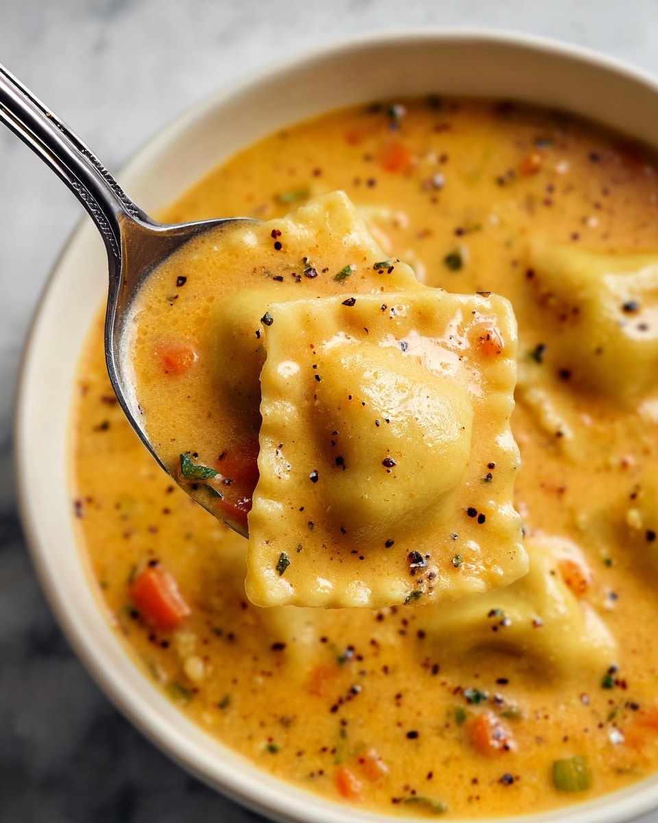A close-up of a spoon holding three light yellow ravioli pieces with a soft, smooth texture in a thick, creamy, orange-colored soup that has small bits of green, orange, and brown vegetables evenly spread throughout. The soup looks rich and smooth with small black specks of seasoning visible. The background shows more ravioli and soup in a white marbled texture setting. photo taken with an iphone --ar 4:5 --v 7