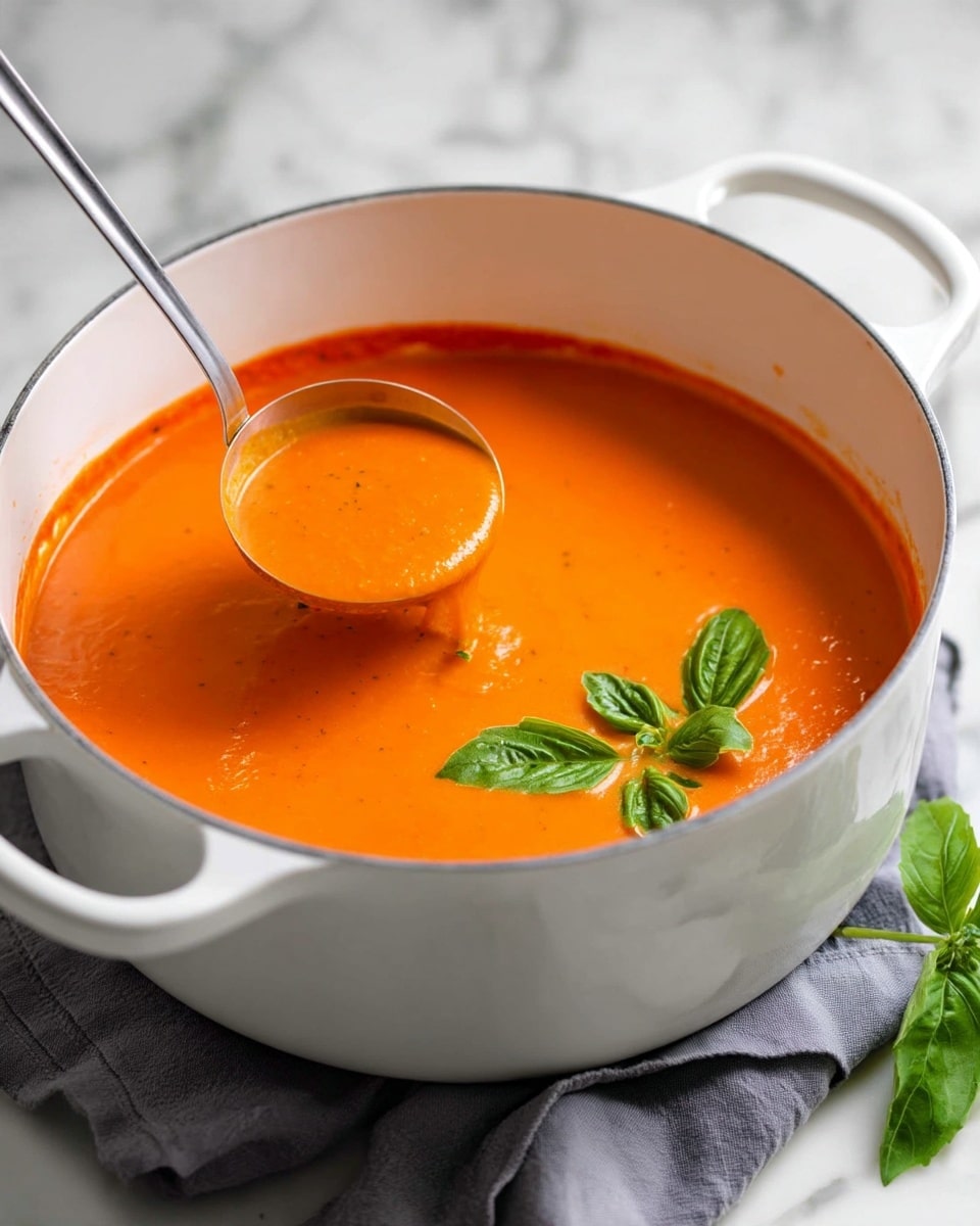A close-up view of a large white pot filled with smooth, thick bright orange soup, with a ladle dipping into it, showing the soup's creamy texture inside the ladle as well. There is a small bunch of fresh green basil leaves floating gently on the soup near the ladle. The pot is placed on a soft grey cloth over a white marbled surface. photo taken with an iphone --ar 4:5 --v 7