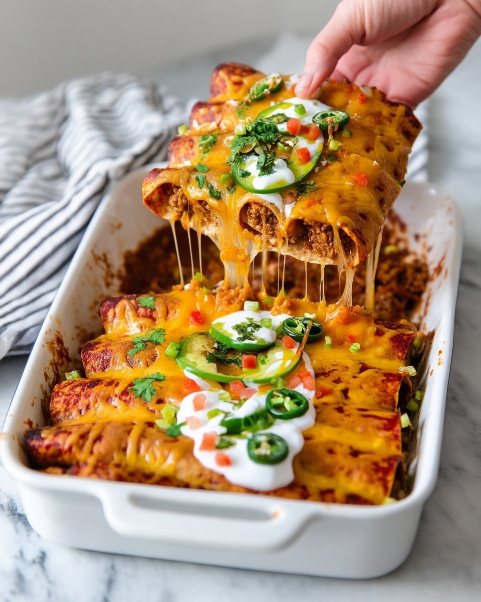 A white rectangular baking dish holds four enchiladas arranged side by side. The top layer is golden melted cheese with a slightly browned texture. Drizzled across vertically are thin lines of white sauce. On top are green slices of jalapeño, curved slices of light green avocado, small chunks of red tomato, chopped green onions, and sprigs of fresh cilantro, adding color and freshness. The dish is set on a black and white striped cloth over a white marbled surface. Photo taken with an iphone --ar 4:5 --v 7