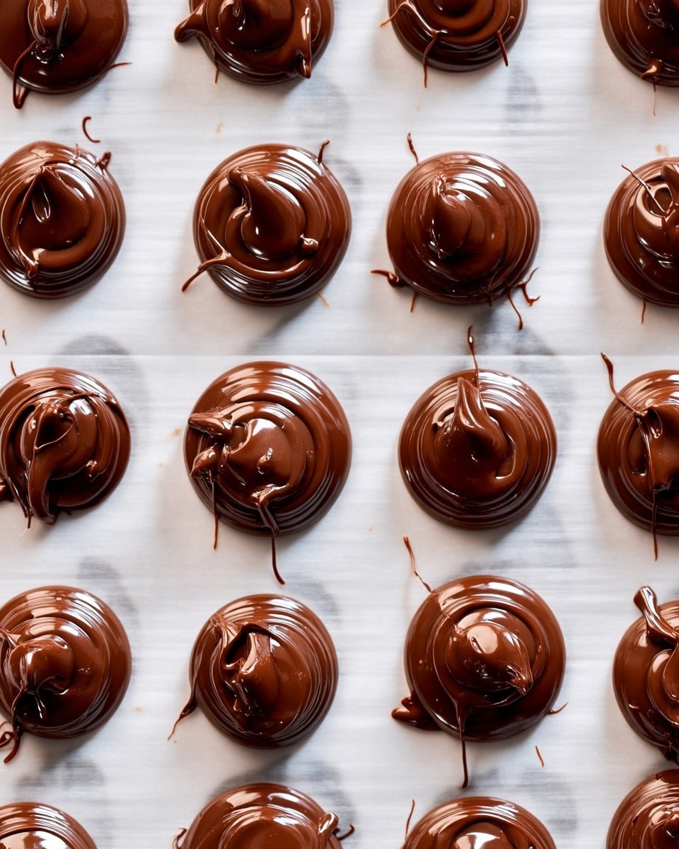 This image shows many small round dollops of melted dark brown chocolate spread evenly on white baking paper. Each dollop has a smooth, shiny surface with small swirls and peaks giving a soft texture. They are arranged in a grid with five rows and four columns on a white marbled background. The chocolate looks thick and glossy, with slight drips and thin stringy bits around the edges on some dollops. photo taken with an iphone --ar 4:5 --v 7