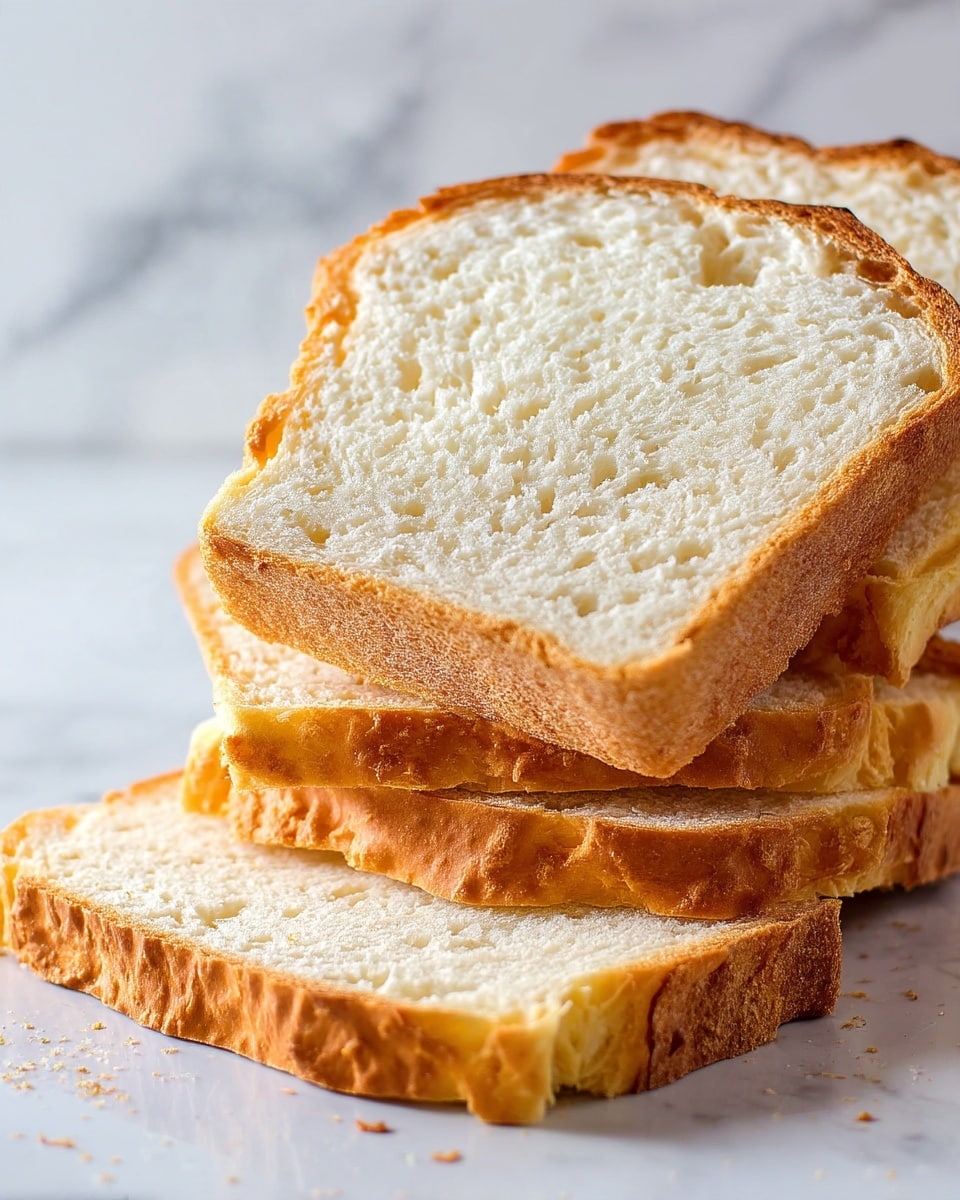 A loaf of bread with a thick, golden brown crust and a soft, airy white inside is shown on a wooden board. The loaf is sliced, revealing its light, smooth texture with small air gaps. Two slices lie flat to the right of the main loaf, showing the even, pale interior. On the left side of the board, there is a knife with a light brown handle resting next to a striped cloth in blue and beige. The background is simple with a white marbled surface beneath the board. photo taken with an iphone --ar 4:5 --v 7