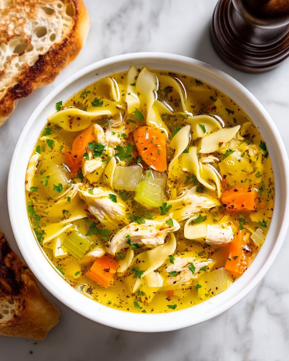 A white bowl filled with chicken noodle soup showing three main layers: at the bottom, a clear golden broth speckled with green herbs; in the middle, soft, wavy, pale yellow noodles mixed with shredded chicken pieces that are light beige and tender; and on top, bright orange carrot slices and bits of green herbs floating in the broth. A silver spoon is partially inside the bowl on the right side, with the handle resting on the bowl edge. The bowl sits on a white marbled surface with a stack of white plates blurred in the background. Photo taken with an iphone --ar 4:5 --v 7