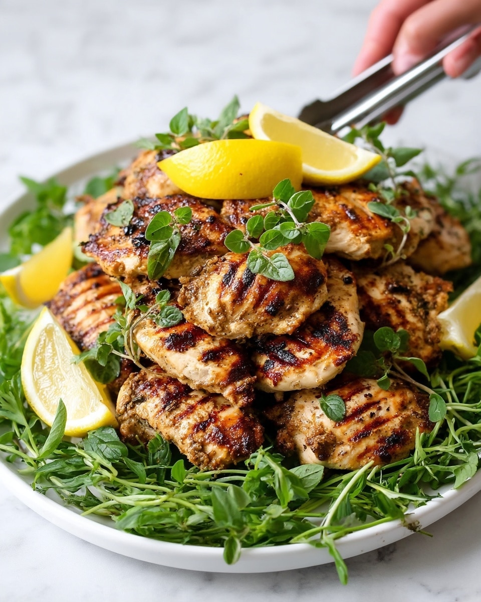 A white plate holds five grilled chicken thighs seasoned with herbs, browned with grill marks, and garnished with fresh green herbs on top. Four lemon wedges are placed around the chicken for decoration. Next to the plate, there is a stack of white pita bread with two lemon wedges resting on top. Above the pita, a white bowl contains white yogurt sauce with small green herb pieces mixed in. Below the chicken plate, a white bowl is filled with a colorful salad made of diced red tomatoes, green cucumbers, onions, and chopped herbs, with a spoon inside. All items rest on a white marbled surface with a light blue cloth visible on the right side. photo taken with an iphone --ar 4:5 --v 7