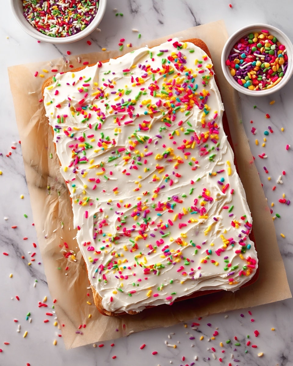 A large rectangular cake with one layer is shown. The top layer is smooth white frosting with slight uneven texture, spread thickly all over. Colorful small round and long sprinkles in red, green, yellow, pink, and purple are scattered evenly across the frosting. The cake sits on light brown baking paper over a white marbled surface. To the left side near the bottom, there is a small white bowl filled with more colorful sprinkles. Photo taken with an iphone --ar 4:5 --v 7