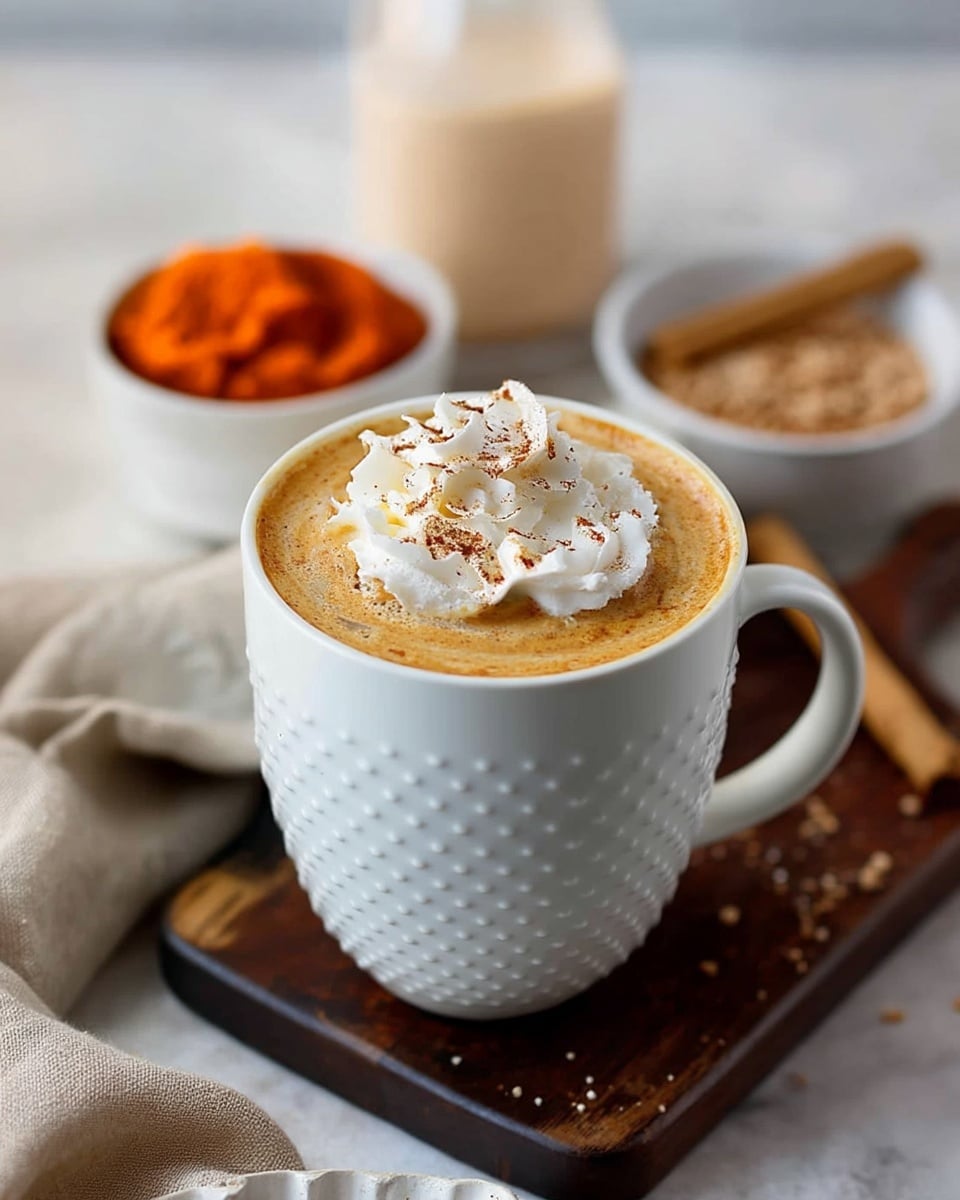 A white textured mug filled with a light brown drink forms the base layer. This is topped with a generous swirl of white whipped cream, which has a soft, fluffy texture. On top of the whipped cream, a light dusting of cinnamon powder adds small specks of reddish-brown color. The mug sits on a dark wooden board placed on a white marbled surface. In the background are slightly blurred items, including a small white bowl filled with bright orange powder and a beige bottle, along with some cinnamon sticks. photo taken with an iphone --ar 4:5 --v 7