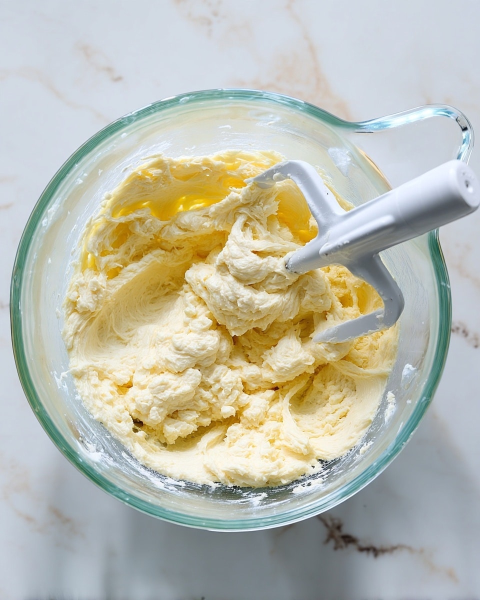 A clear glass mixing bowl sits on a white marbled surface, filled with a thick, creamy, pale yellow mixture that looks smooth and soft. Inside the bowl, a white mixing paddle with some of the mixture stuck to it rests gently in the middle, showing the texture of the mixture. The sides of the bowl have small bits of the mixture clinging to them, indicating recent stirring. The light from above softly lights the scene, highlighting the creamy texture and the shine on the glass bowl. Photo taken with an iphone --ar 4:5 --v 7