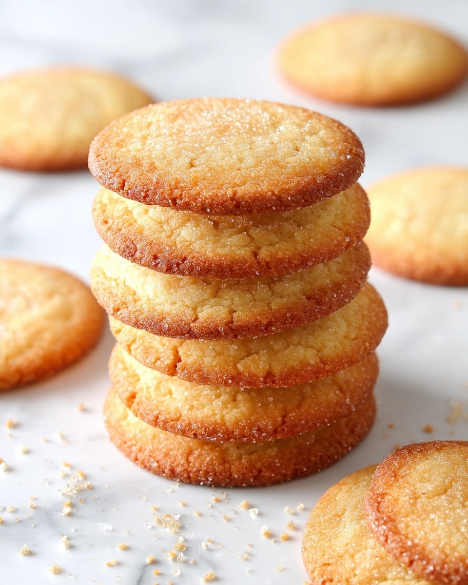 A stack of six golden-brown soft cookies stands upright on a white marbled surface, each cookie slightly cracked on top showing a delicate texture. Around the stack, three individual cookies lie flat with the same golden color and textured surface. The cookies have a light crisp edge and a softer, slightly raised center. The lighting highlights the crumbly and slightly grainy texture of the cookies, making them look fresh and inviting. Photo taken with an iphone --ar 4:5 --v 7