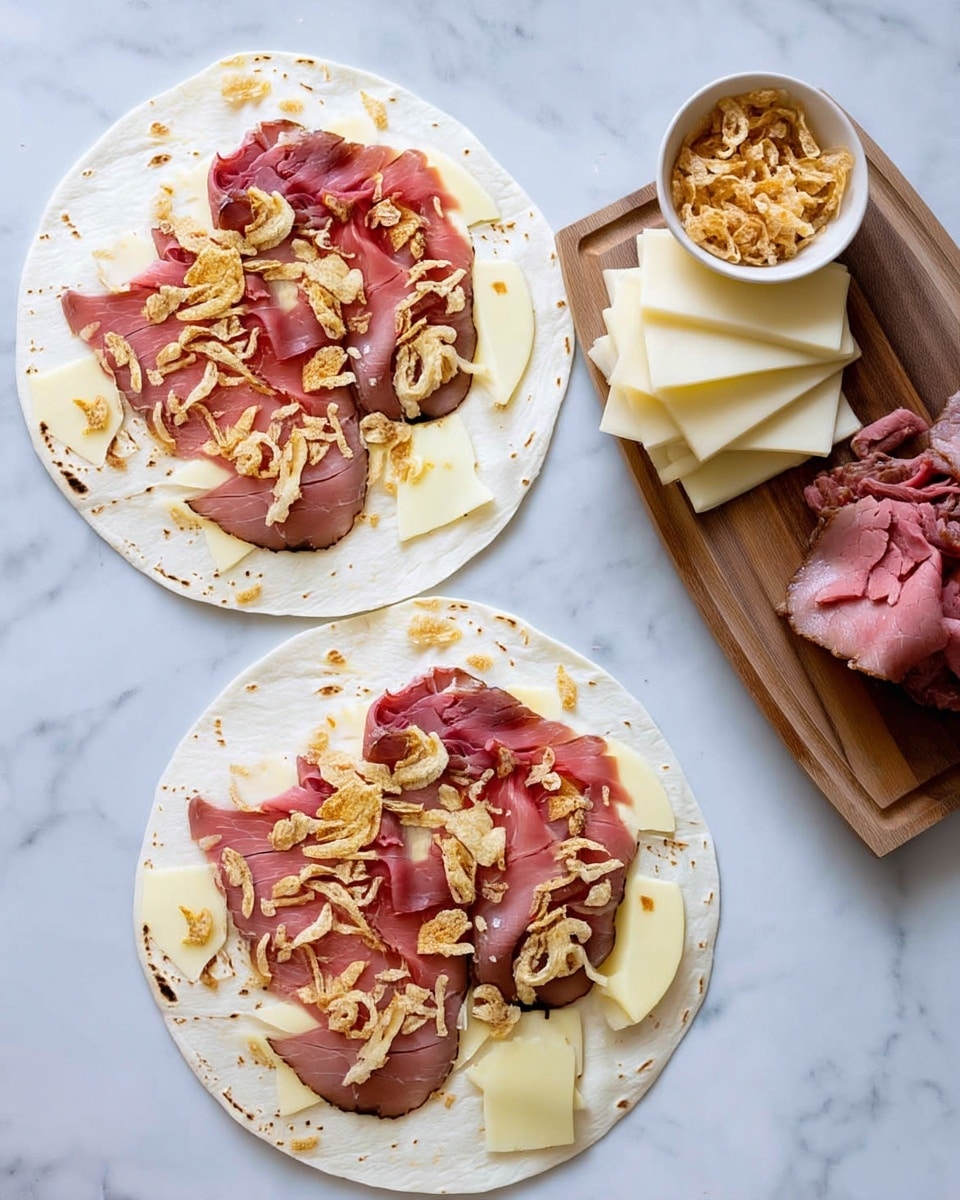 Two white tortillas lie flat on a white marbled surface, each topped with three layers of pale yellow cheese slices evenly spread out. On top of the cheese, there is a layer of thinly sliced pink roast beef, slightly folded and overlapping to cover most of the tortilla. Scattered over the beef are crunchy golden-brown fried onions adding texture and color contrast. To the right, on a wooden board, there is a small pile of loose pink roast beef slices, three round slices of pale yellow cheese, and a white bowl filled with more golden-brown fried onions. photo taken with an iphone --ar 4:5 --v 7