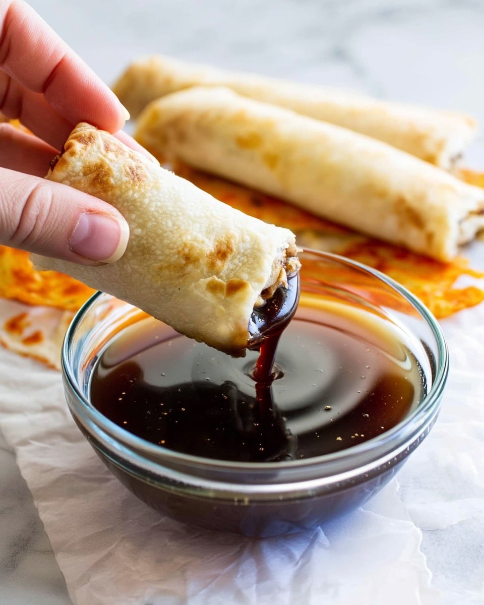 A woman's hand is holding a golden-brown toasted wrap, dipping it halfway into a clear glass bowl filled with dark brown sauce. Below is a white marbled surface with a partially eaten wrap that shows a light beige filling inside. The wrap’s tortilla layer is smooth with some toasted spots, and the sauce looks thick and shiny. The scene is bright with soft natural light. Photo taken with an iphone --ar 4:5 --v 7