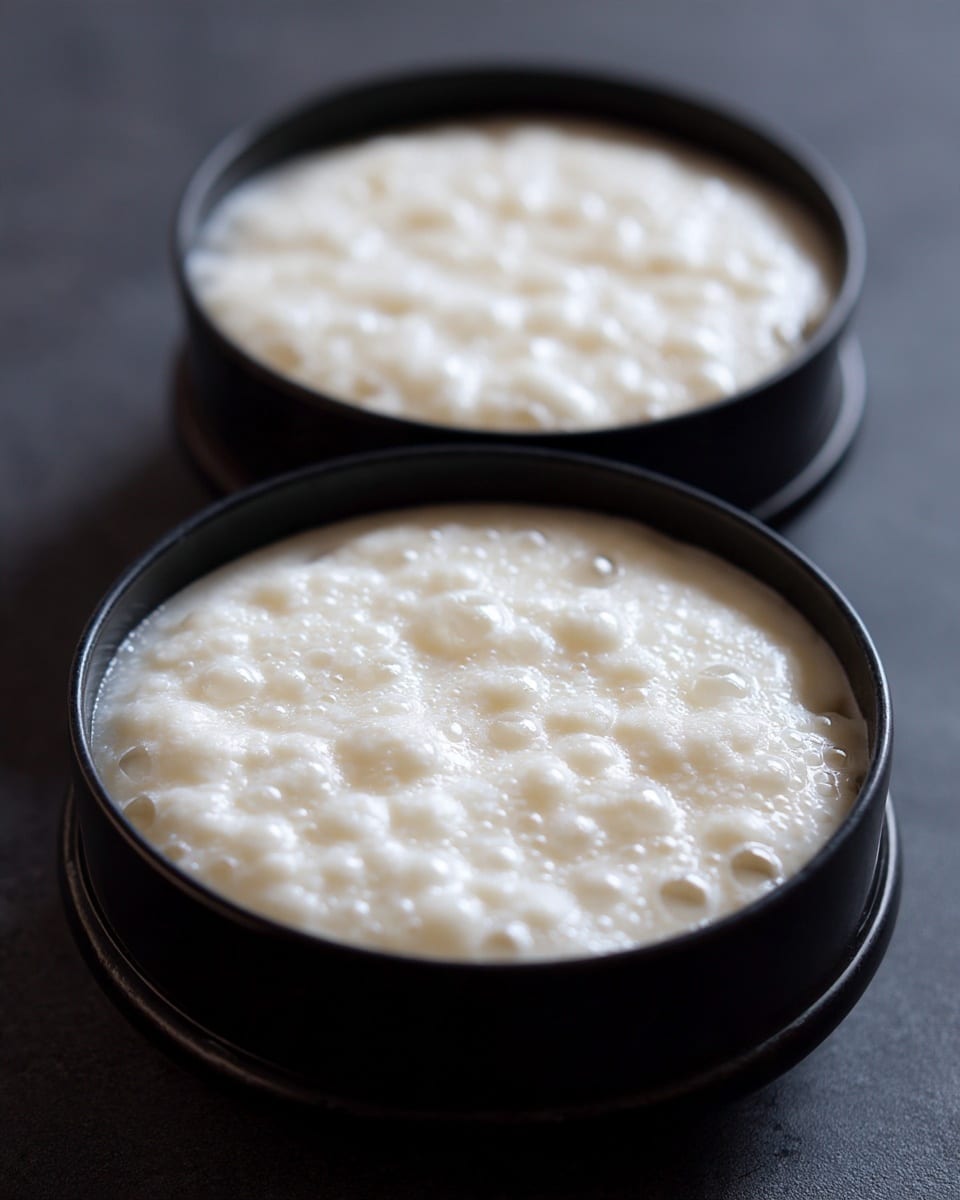 The image shows two black round bowls filled with a thick, creamy white dish that has a bubbly surface texture, looking soft and slightly steaming. The bowls are placed close together on a dark surface, with the bubbles creating small light reflections and an uneven but smooth top layer. The creamy dish appears to be foamy with tiny and medium bubbles all over, giving an airy look. photo taken with an iphone --ar 4:5 --v 7