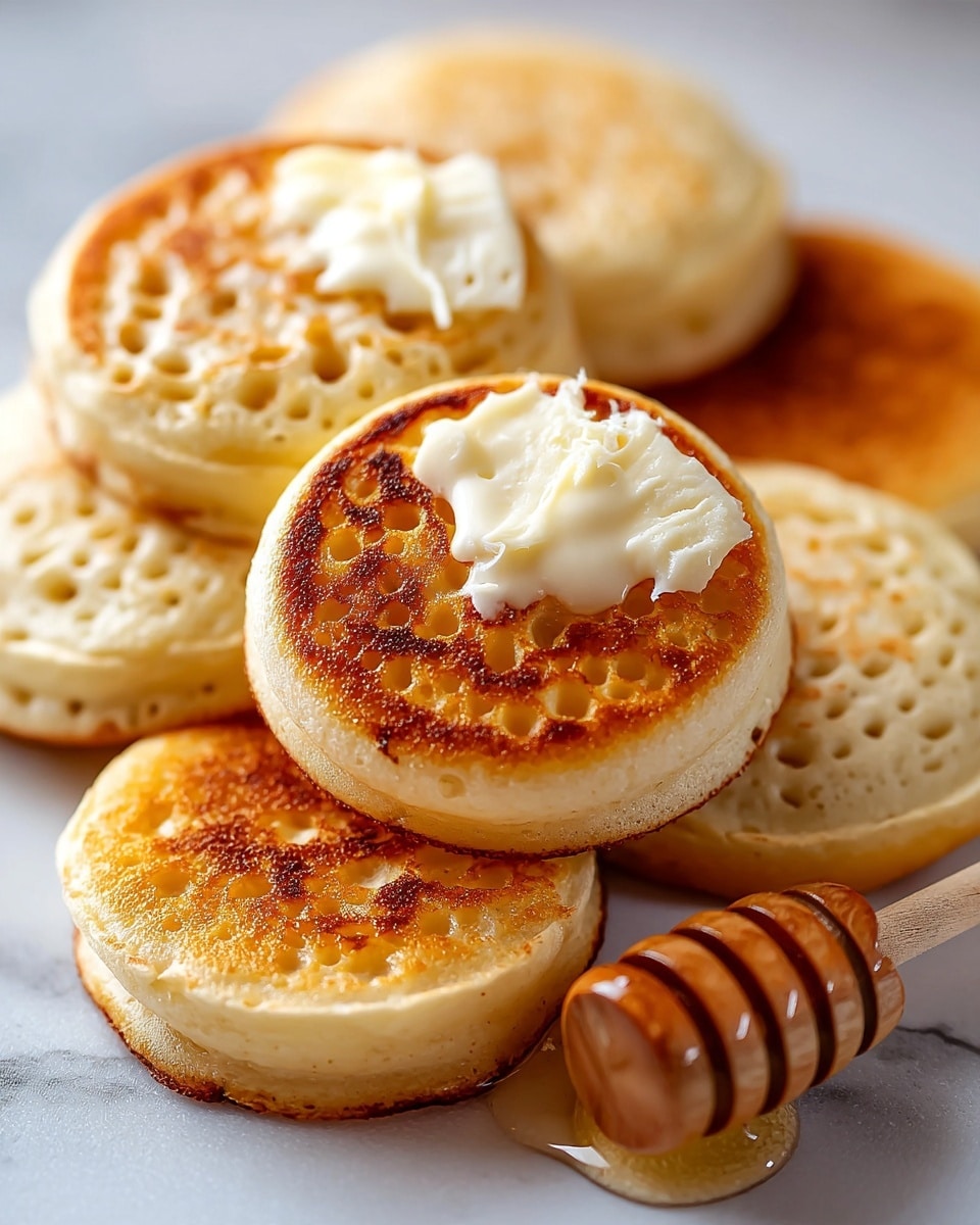The image shows a close-up of several small, round pancakes with a textured surface full of small holes on top. Most pancakes are light beige with a soft, spongy look, while one pancake at the bottom left is flipped over, showing a smooth, golden brown, slightly crispy bottom. The pancakes are stacked or stacked close together on a white marbled surface, with parts overlapping each other. Photo taken with an iphone --ar 4:5 --v 7