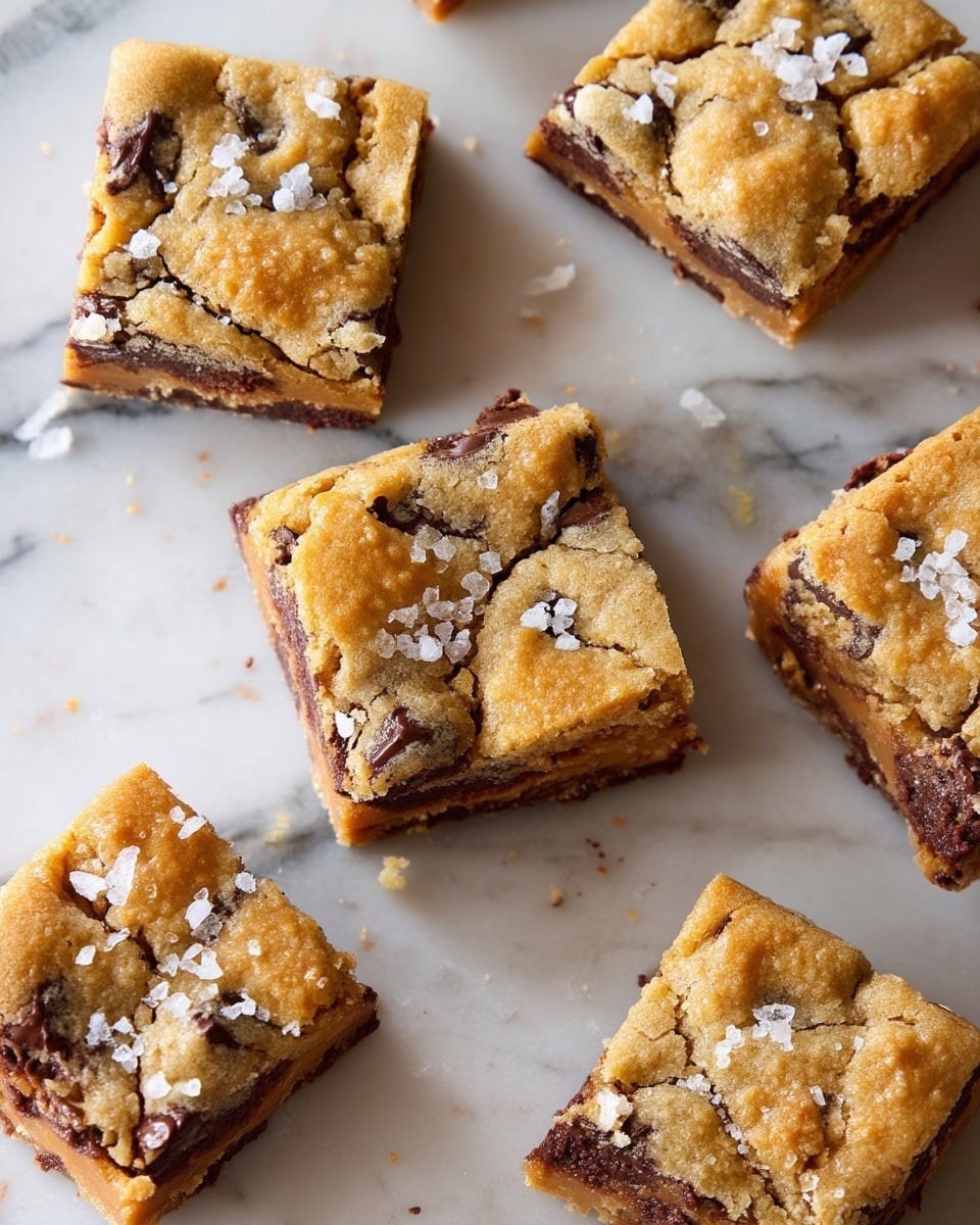 There are six square cookie bars arranged on a white marbled surface with light brown and dark brown spots, some stacked in a small pile and others spaced apart. Each cookie bar has two visible layers: the top layer is golden brown with a crumbly texture and small chunks of chocolate, and the bottom layer is darker brown, likely filled with chocolate or caramel. The top of the bars is sprinkled with coarse salt flakes, adding a touch of white contrast. One cookie bar has a bite taken out of the corner, showing a soft and dense interior. Photo taken with an iphone --ar 4:5 --v 7