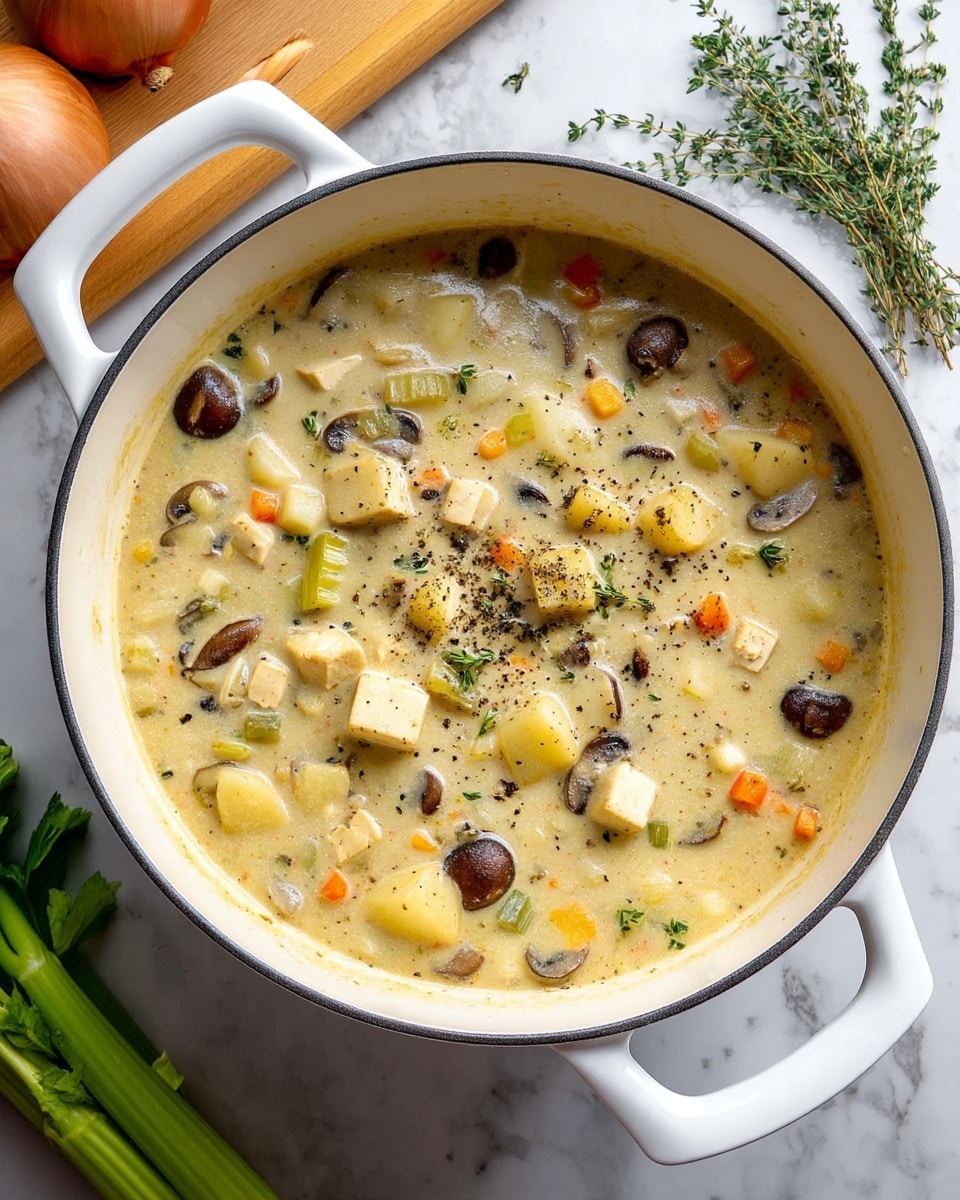 A white pot filled with thick creamy soup containing visible layers of small light yellow potato cubes, brown sliced mushrooms, small orange carrot bits, green celery pieces, and white tofu cubes, all mixed in a beige creamy broth with scattered black pepper and green herbs on top; the pot is placed on a white marbled surface with some fresh thyme sprigs to the right and a wooden board with a whole onion on the left; a couple of green celery stalks are partially seen at the bottom left corner, photo taken with an iphone --ar 4:5 --v 7