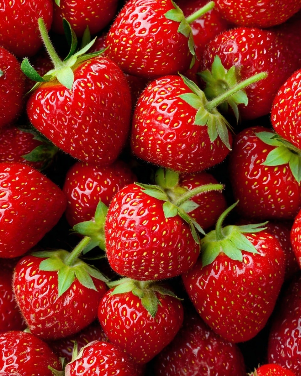 A close-up view of many fresh strawberries piled together, showing bright red skin covered with small yellow seeds and topped with green leafy caps. The strawberries have a shiny, slightly bumpy texture, packed tightly in the image, filling the entire frame. The background is a white marbled texture. Photo taken with an iphone --ar 4:5 --v 7