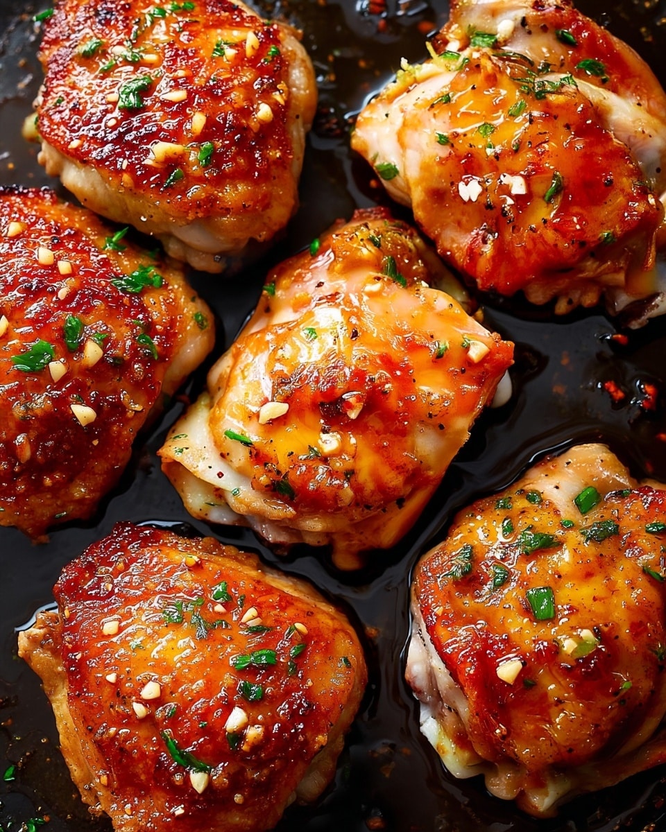 The image shows five golden-brown roasted chicken thighs arranged closely together on a dark surface. Each thigh has a crispy, shiny skin with a slightly charred texture. There are small bits of minced garlic and finely chopped green herbs sprinkled on top, adding a fresh touch to the rich, warm colors of the chicken. The chicken thighs are glistening from a glaze or sauce that adds a glossy finish. photo taken with an iphone --ar 4:5 --v 7