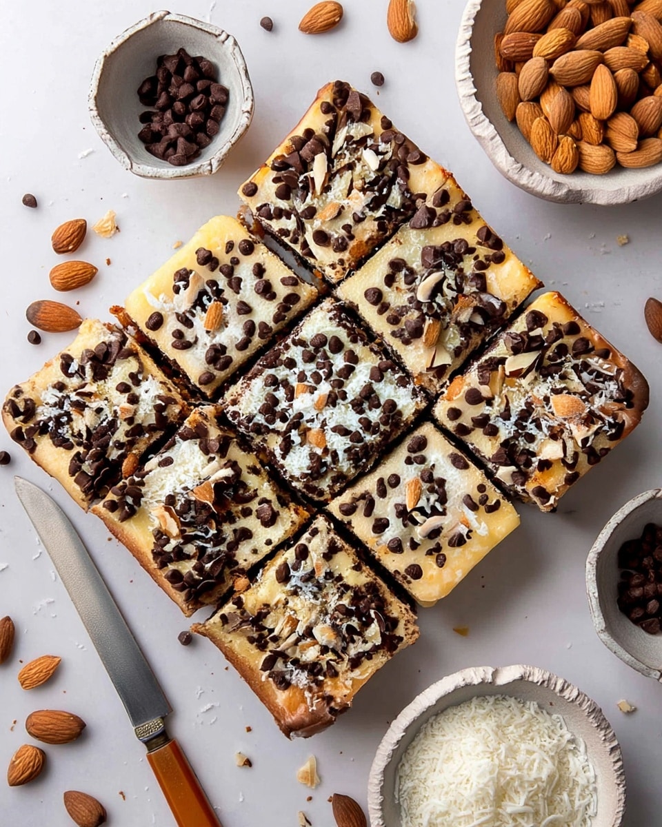 A square pastry is cut into nine equal pieces arranged in a 3x3 grid on a white marbled surface, each piece has three layers: a golden-brown baked crust base, a creamy beige middle layer, and a top layer covered with dark brown chocolate chips, white shredded coconut, and chopped light brown almonds scattered evenly. Around the pastry, there are whole almonds and two small white bowls, one containing extra dark chocolate chips and the other filled with shredded coconut. A knife with a wooden handle lies to the left side of the pastry, photo taken with an iphone --ar 4:5 --v 7