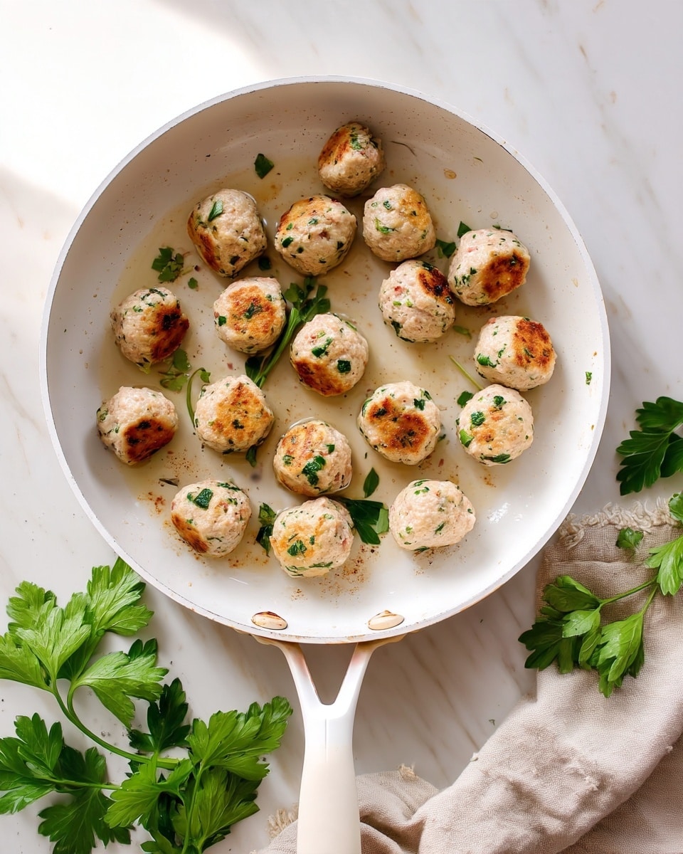 A white frying pan holds 24 small round meatballs lightly browned on top, each with a pale beige color mixed with small green herb bits. The pan shows light cooking marks and is set on a white marbled surface. Fresh green parsley leaves and a beige textured cloth are placed near the pan handle. Soft natural light brightens the scene from the top, creating clear shadows and highlights. photo taken with an iphone --ar 4:5 --v 7
